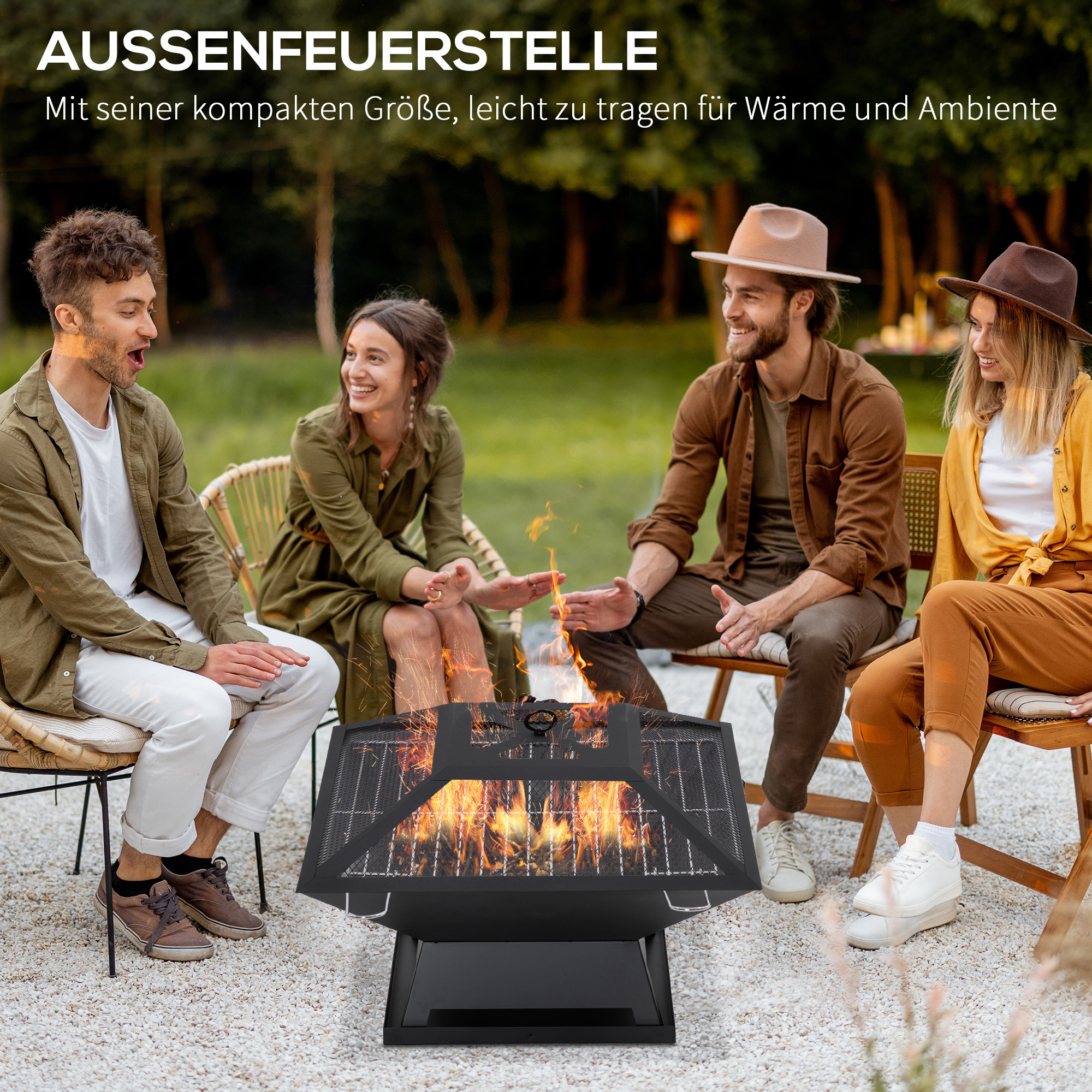 Feuerschale 45 x 45 x 34cm aus Edelstahl Feuerstelle mit Funkenschutz Schürhaken Feuerschalen Feuerkorb für Garten, Balkon, BBQ Camping Schwarz