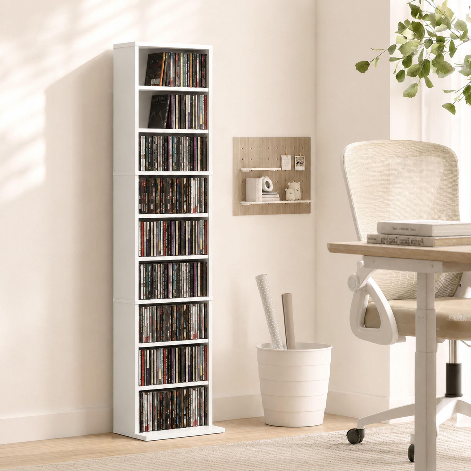 CD-/DVD-Regal, 9 Ebenen, schmales Standregal mit 6 verstellbaren Böden, für 260 CDs, Weiß