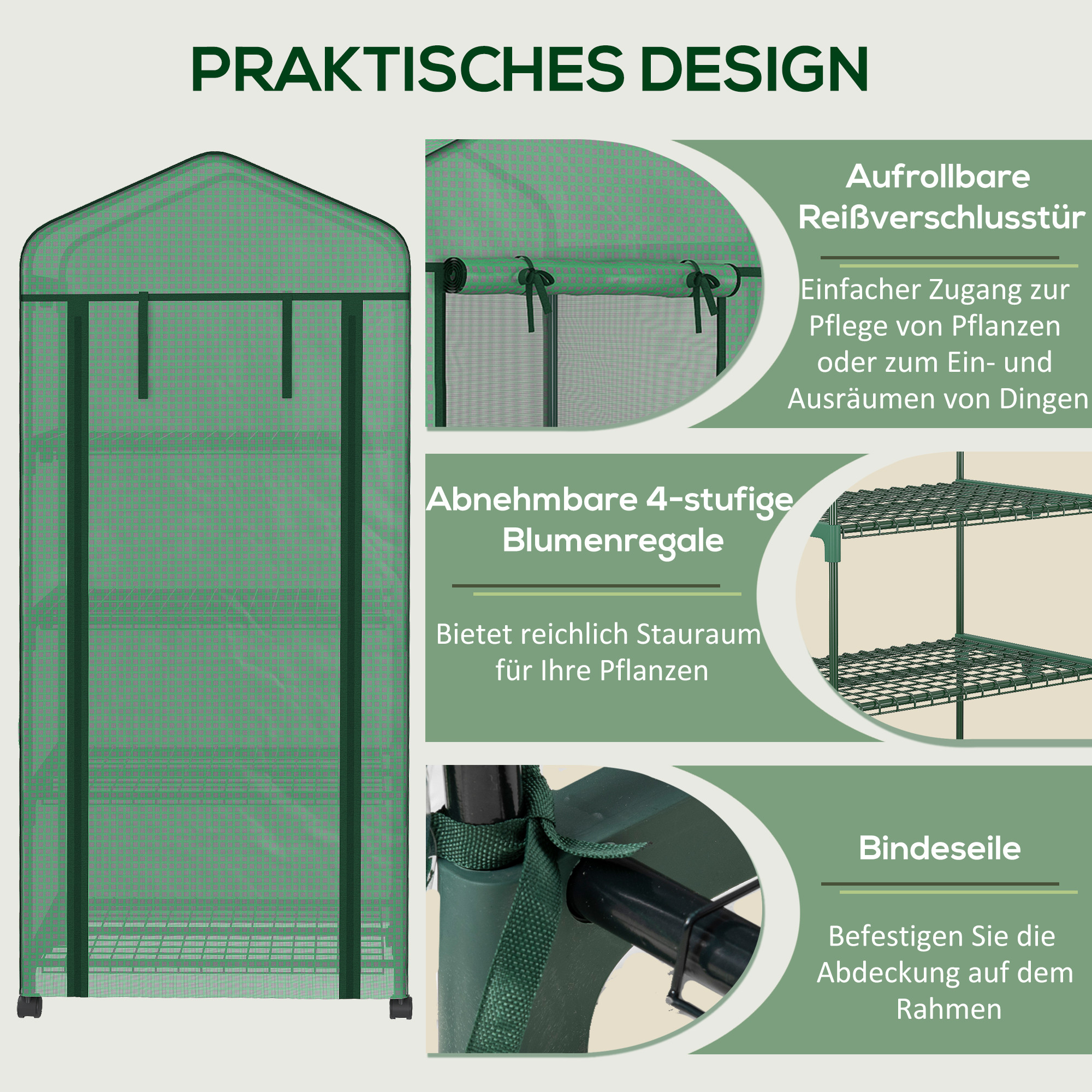 Folien-Gewächshaus, Treibhaus, Mini-Gewächshaus, Pflanzenhaus, Frühbeet, 4 Regalfächer, 69 x 50 x 165 cm, Grün