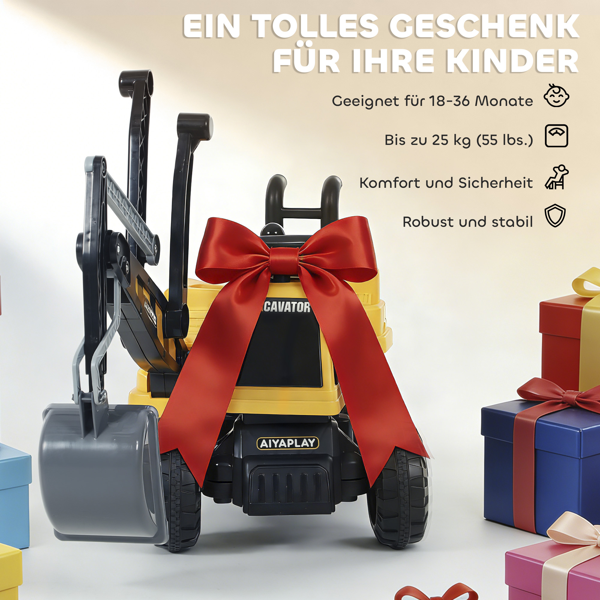 Sitzbagger Aufsitzbagger mit Schaufel Lenkrad drehbar Aufbau verstellbar Rückenlehne für Kinder 1,5-3 Jahre Gelb