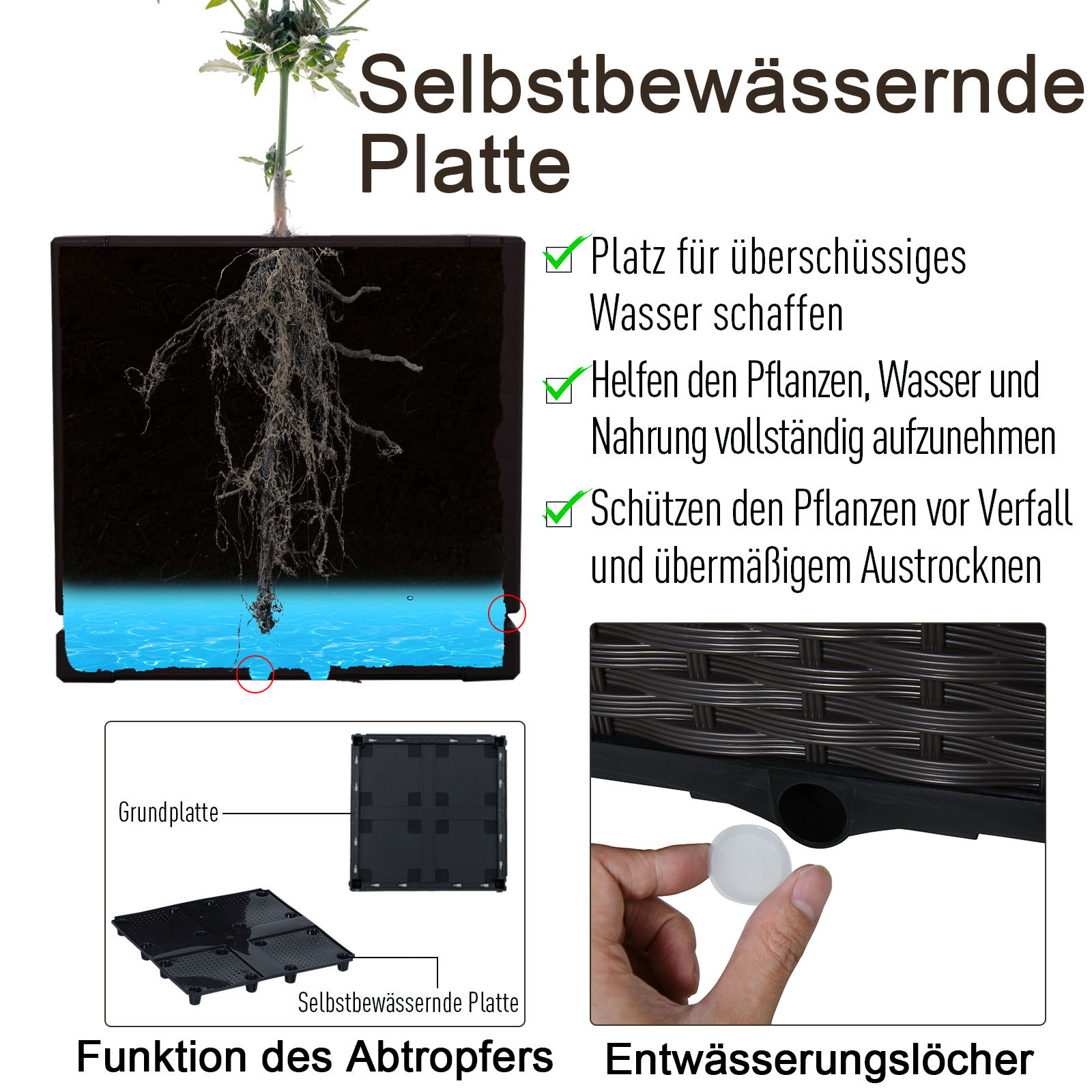 Hochbeet, Pflanzkasten mit Abflusslöchern, Blumenkasten im Rattan-Look, Kunststoff, Braun, 40 x 40 x 44 cm