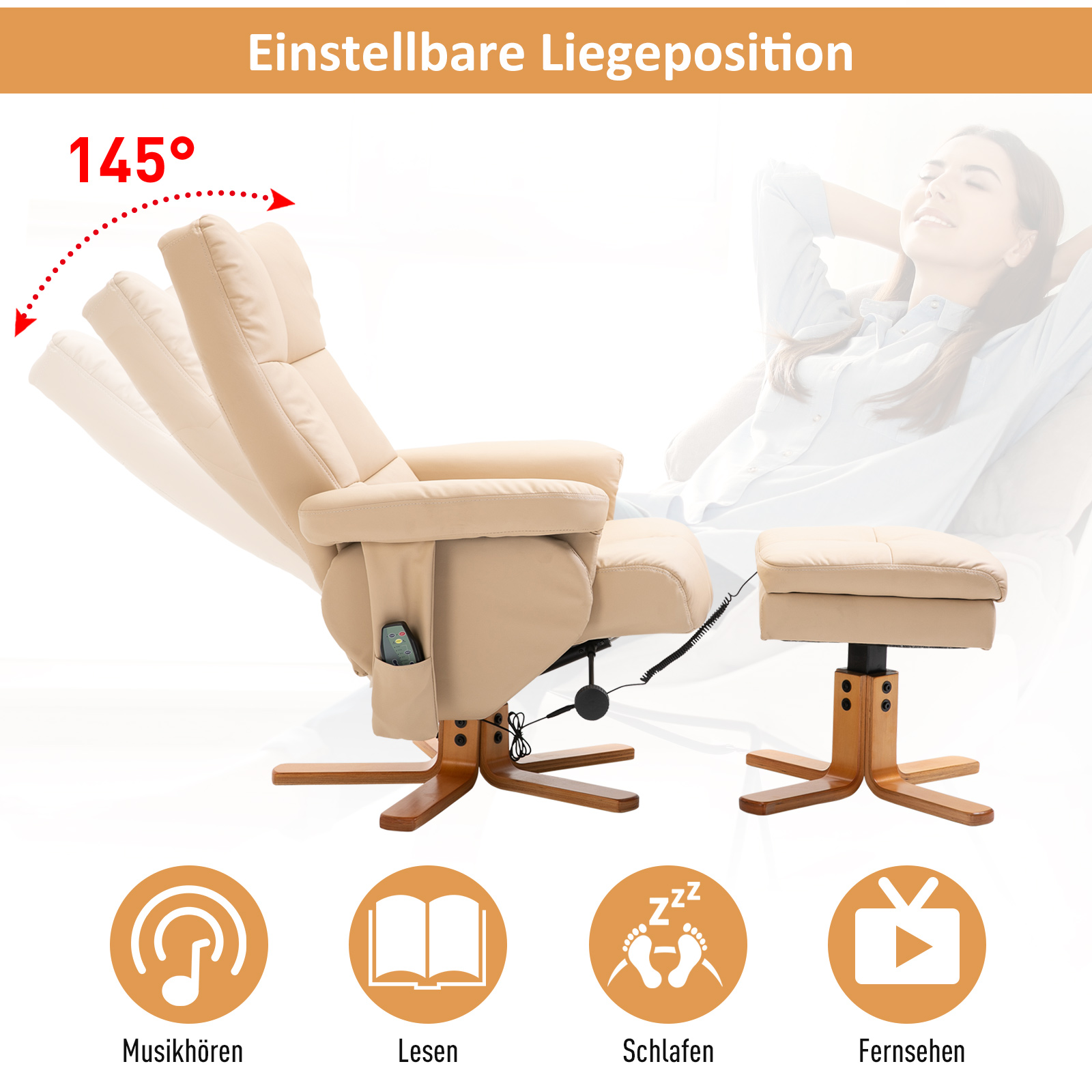 Relaxsessel Massagesessel mit Fußhocker Stauraum Liegefunktion Fernsehsessel mit Massagefunktion TV Sessel 145°-Neigung Polyester Cremeweiß 80 x 86 x 99 cm