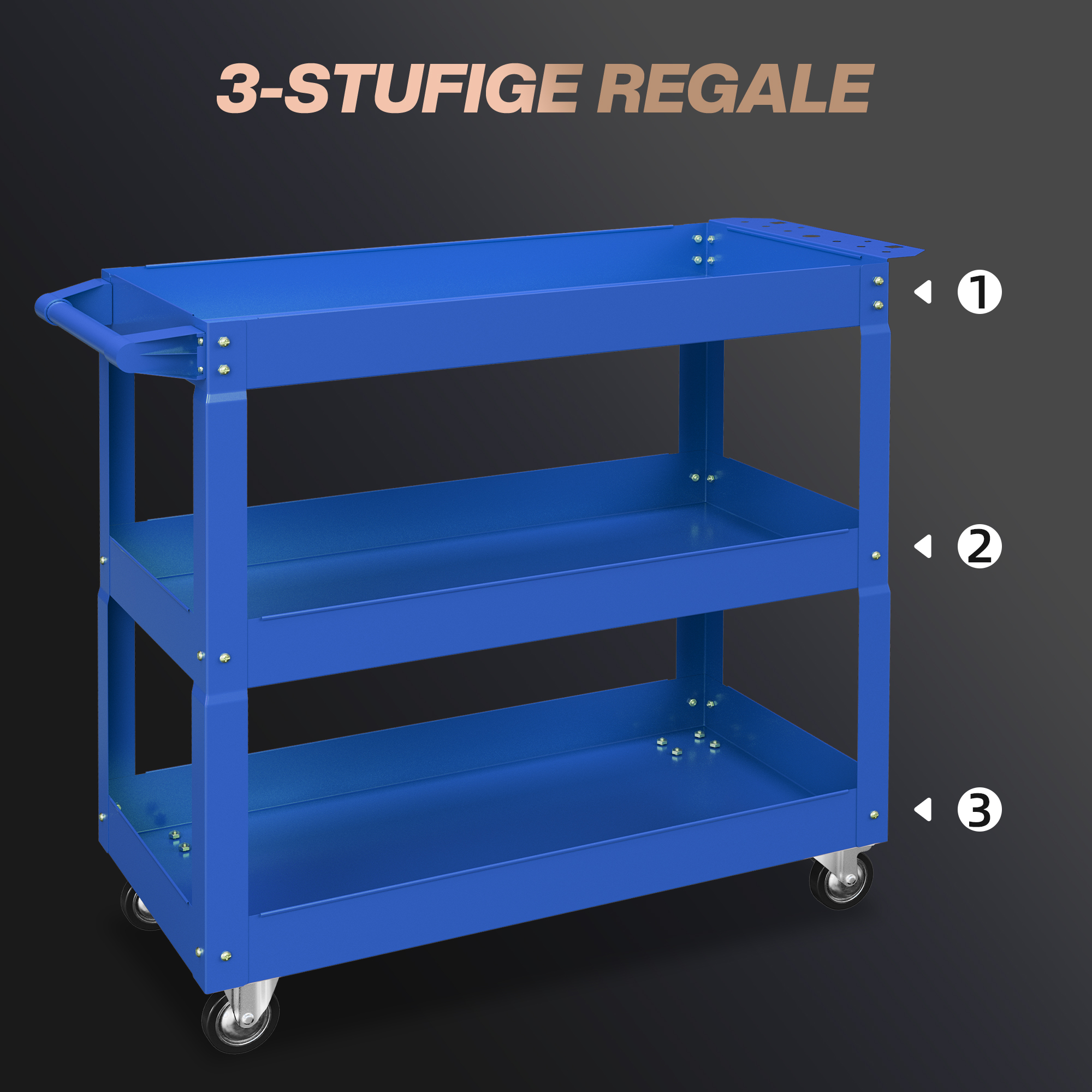 3-stufiger Werkzeugwagen, 4 Rollen, Stahl, 83B x 35,3T x 76H cm, Blau