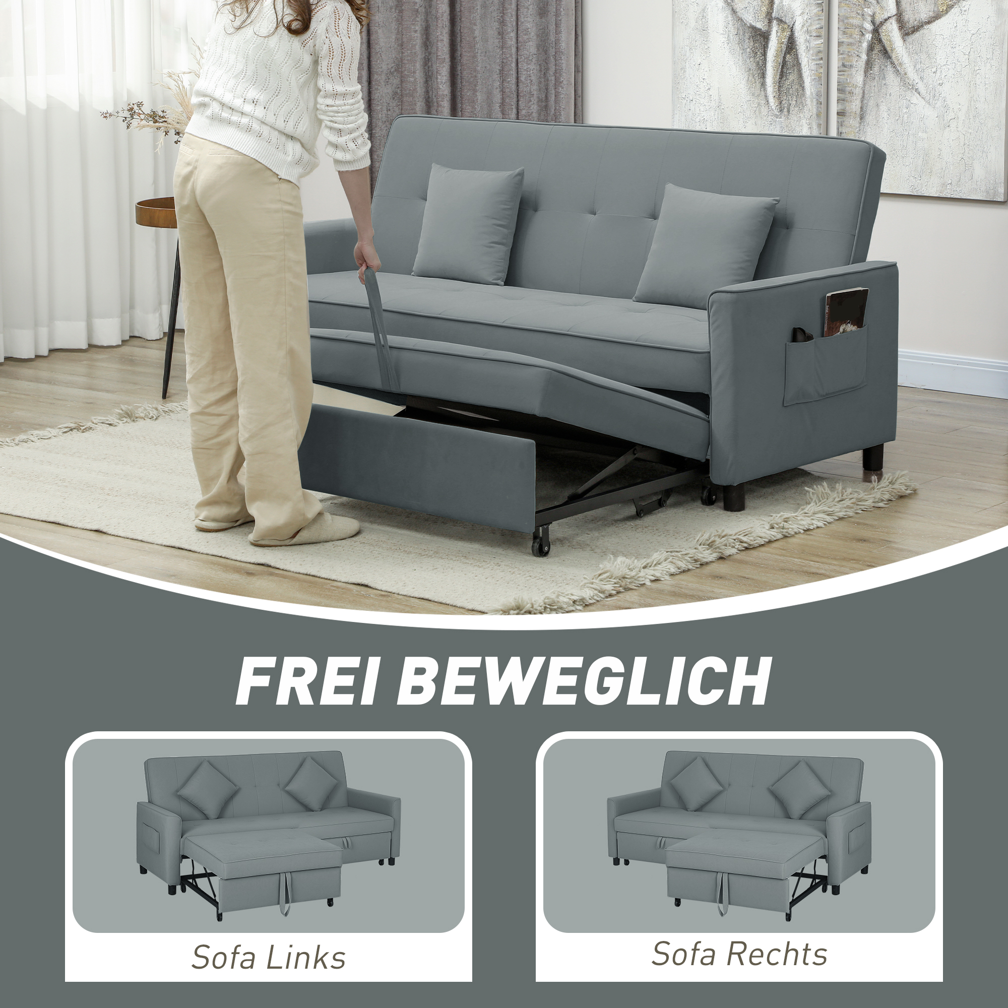 Sofabett, verstellbare 3-Sitzer-Couch mit Bettfunktion, Schlafsofa mit ausziehbarem Bett, Kissen, Grau