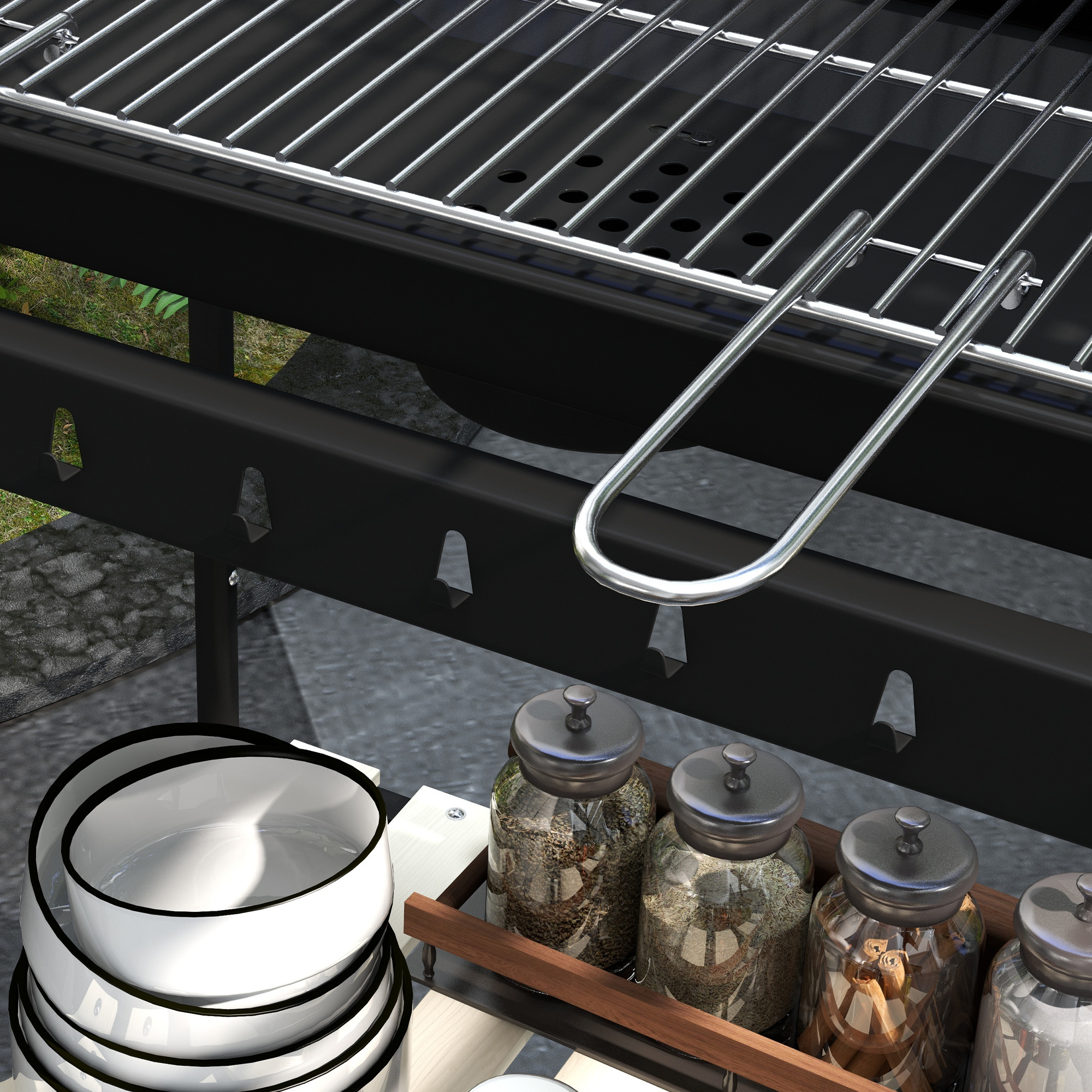 Holzkohlegrill aus Metall BBQ Smoker mit Räder, höheverstellbar Grillrost, Holzablage 103x47x95 cm schwarz