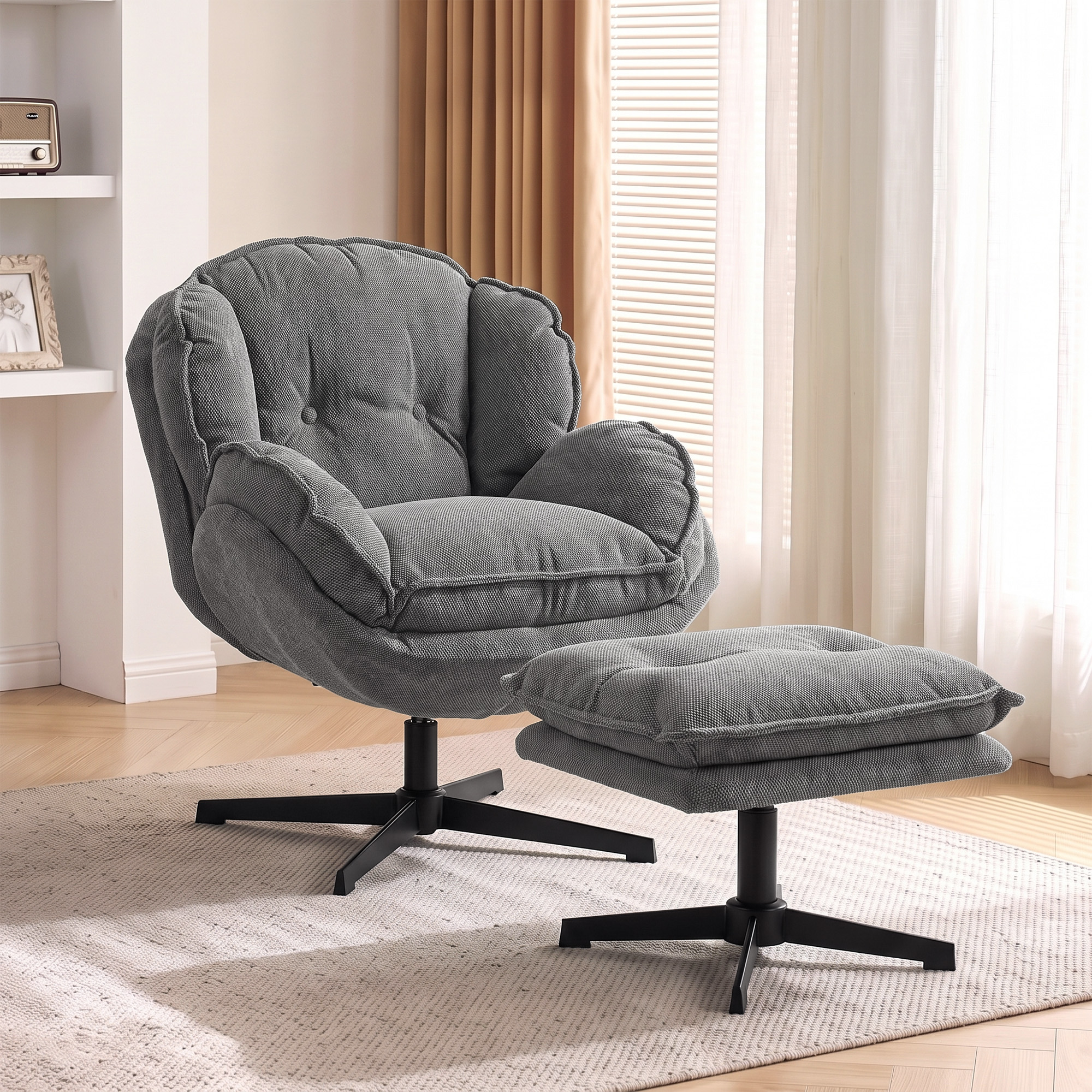 Sessel mit verstellbarem Fußhocker, 360° drehbar, Chenille-Bezug, dicke Polsterung, Grau