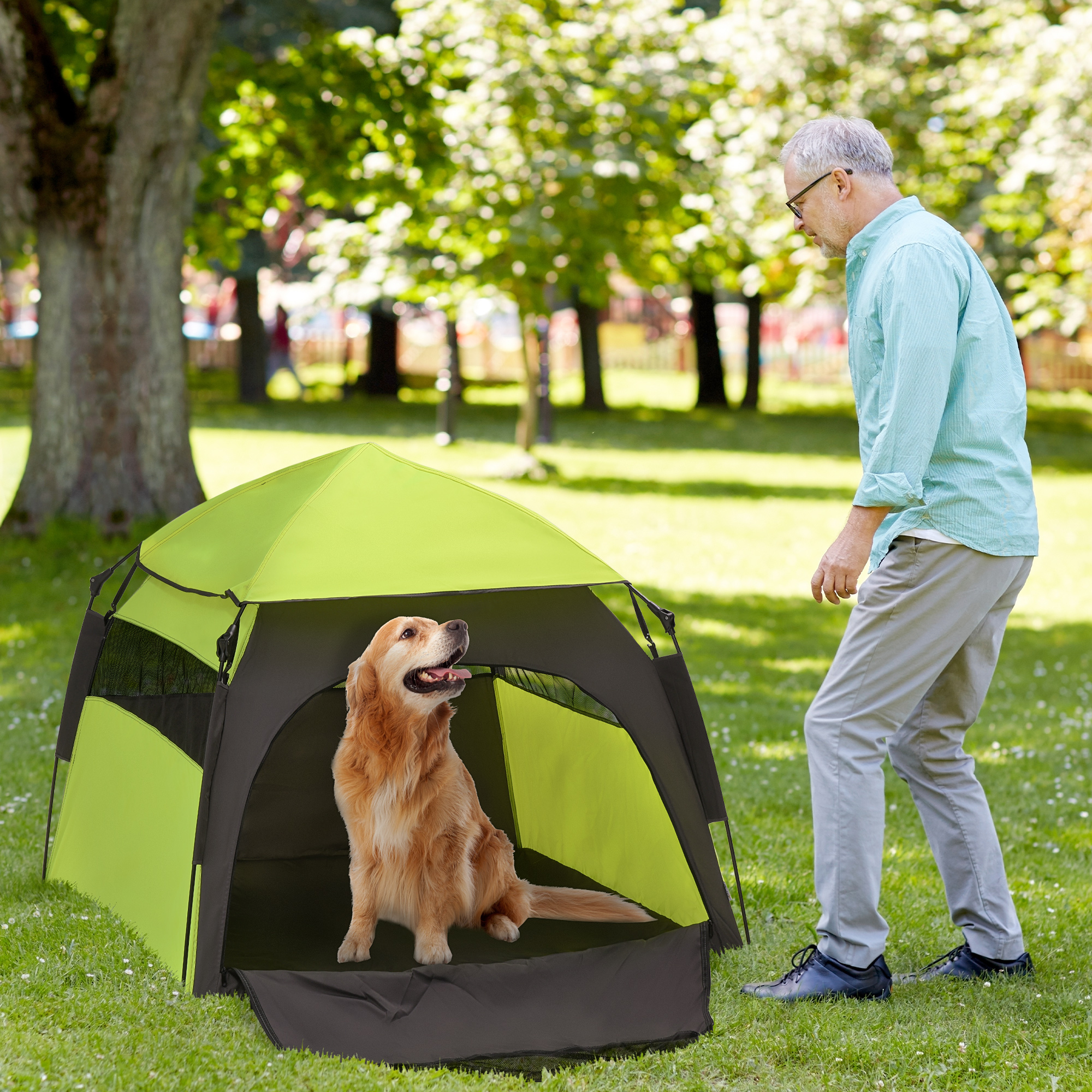 Haustierzelt Hundezelt Outdoor Tierzelt, 110 cm x 110 cm x 85 cm. Bodenspieße +  Transporttasche. Grün + Schwarz