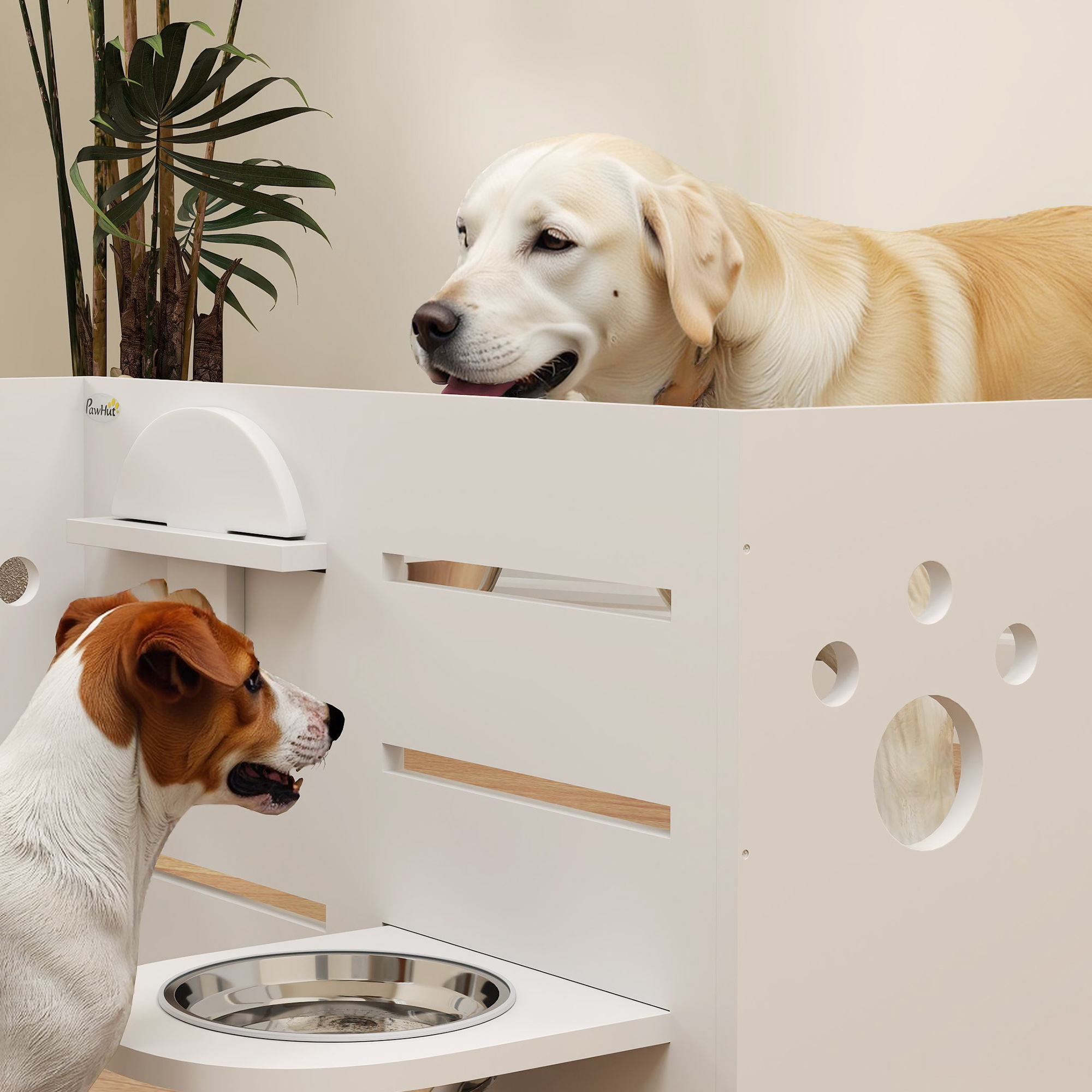 Hundefutternapf-Gestell, verstellbare Futternäpfe mit separatem Design, 2 Edelstahlschüsseln, Anti-Schling-Matte, Weiß