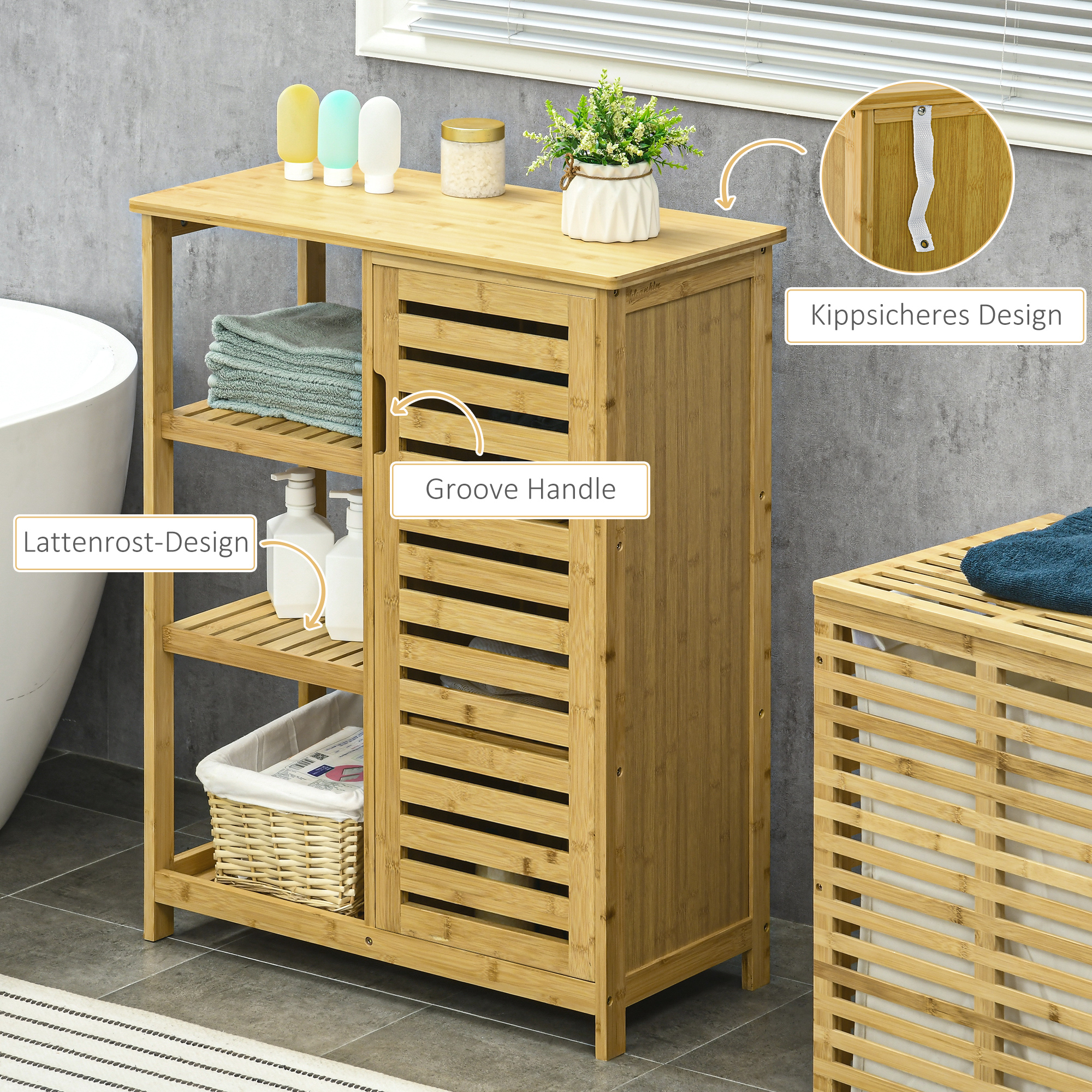 Badezimmerschrank aus Bambus, 3 Regale, 1 Schrank mit Lamellentüren, Natur