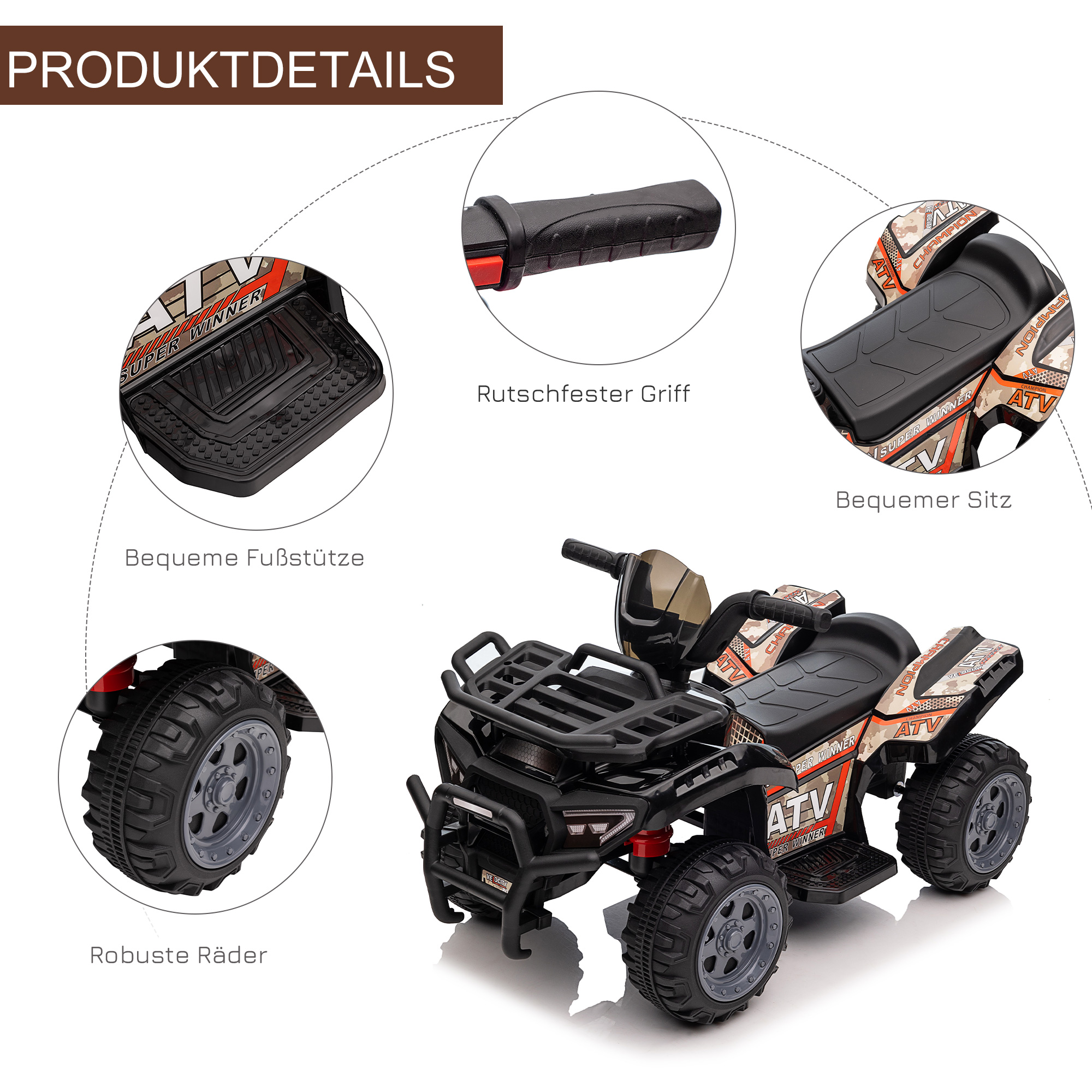 Kinder Quad Elektro 6V Kinderquad mit Vorwärtsfunktion, Musik, Elektro-Quad für Kinder 1,5-3 Jahre Schwarz