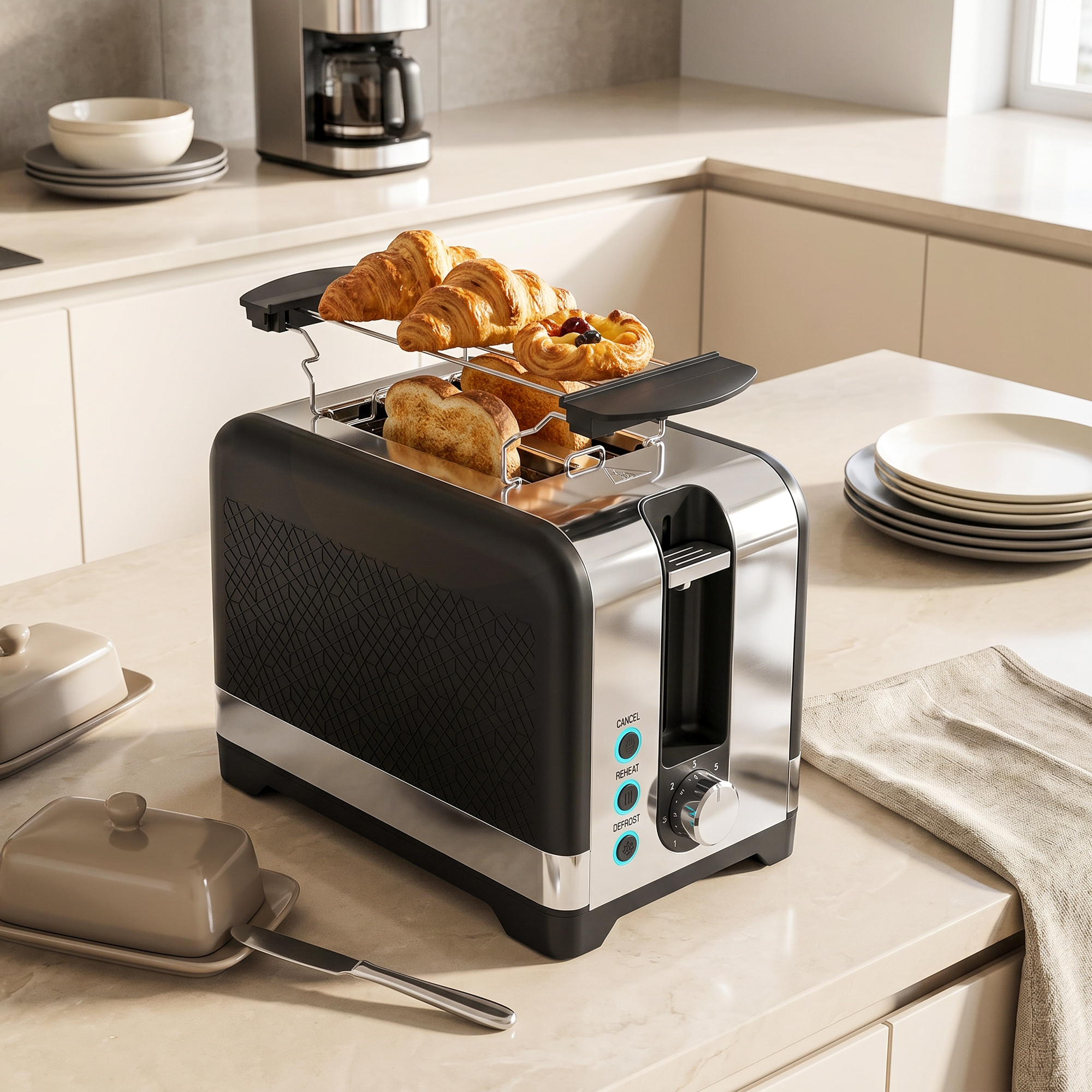 2-Scheiben-Toaster mit 7 Bräunungsstufen, Aufwärm-/Auftau-/Abbruchfunktionen, Wärmerost, 930 W