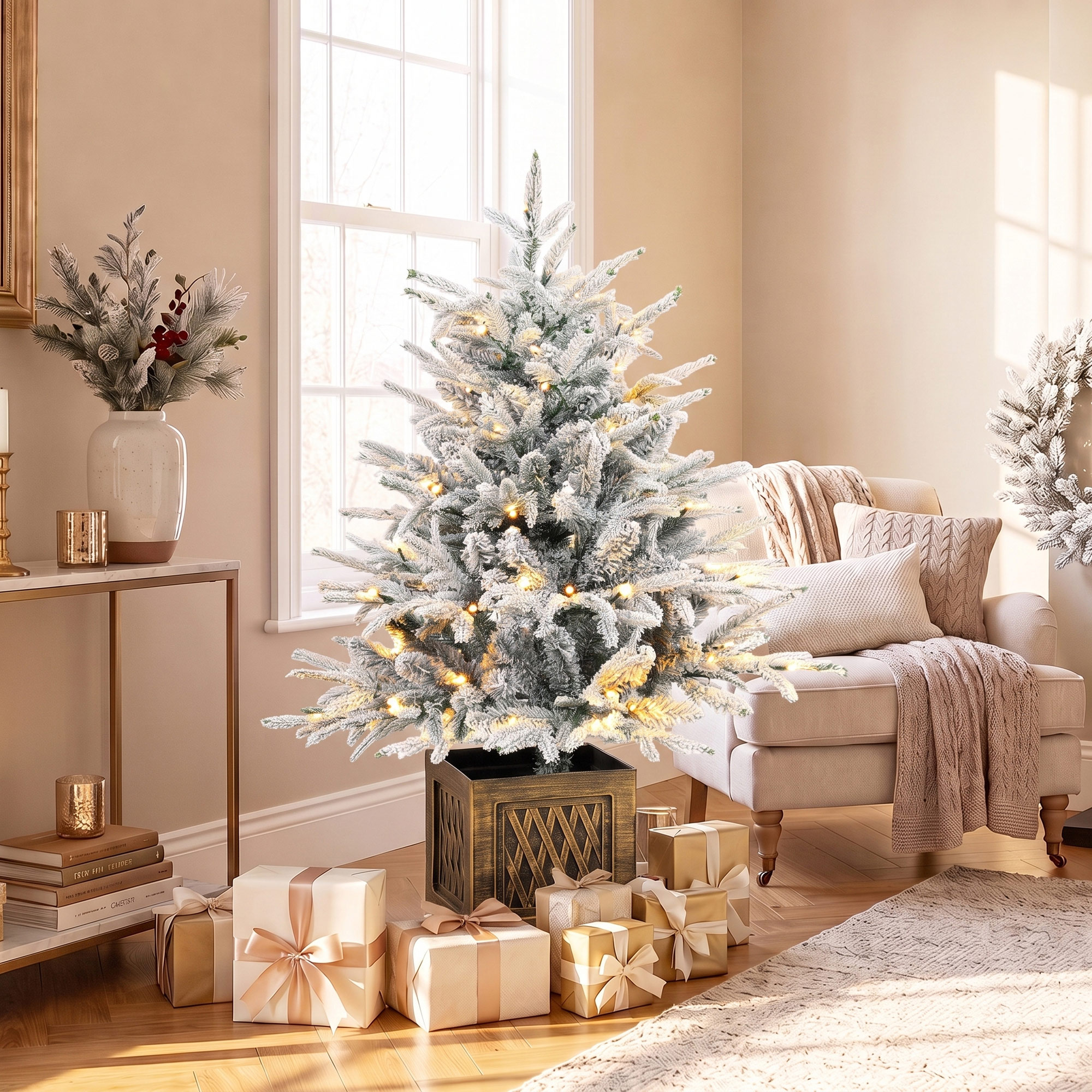 Tisch-Weihnachtsbaum 90 cm, vorbeleuchtet, beschneit, künstlich, 70 warmweiße LEDs, 488 Spitzen, Grün