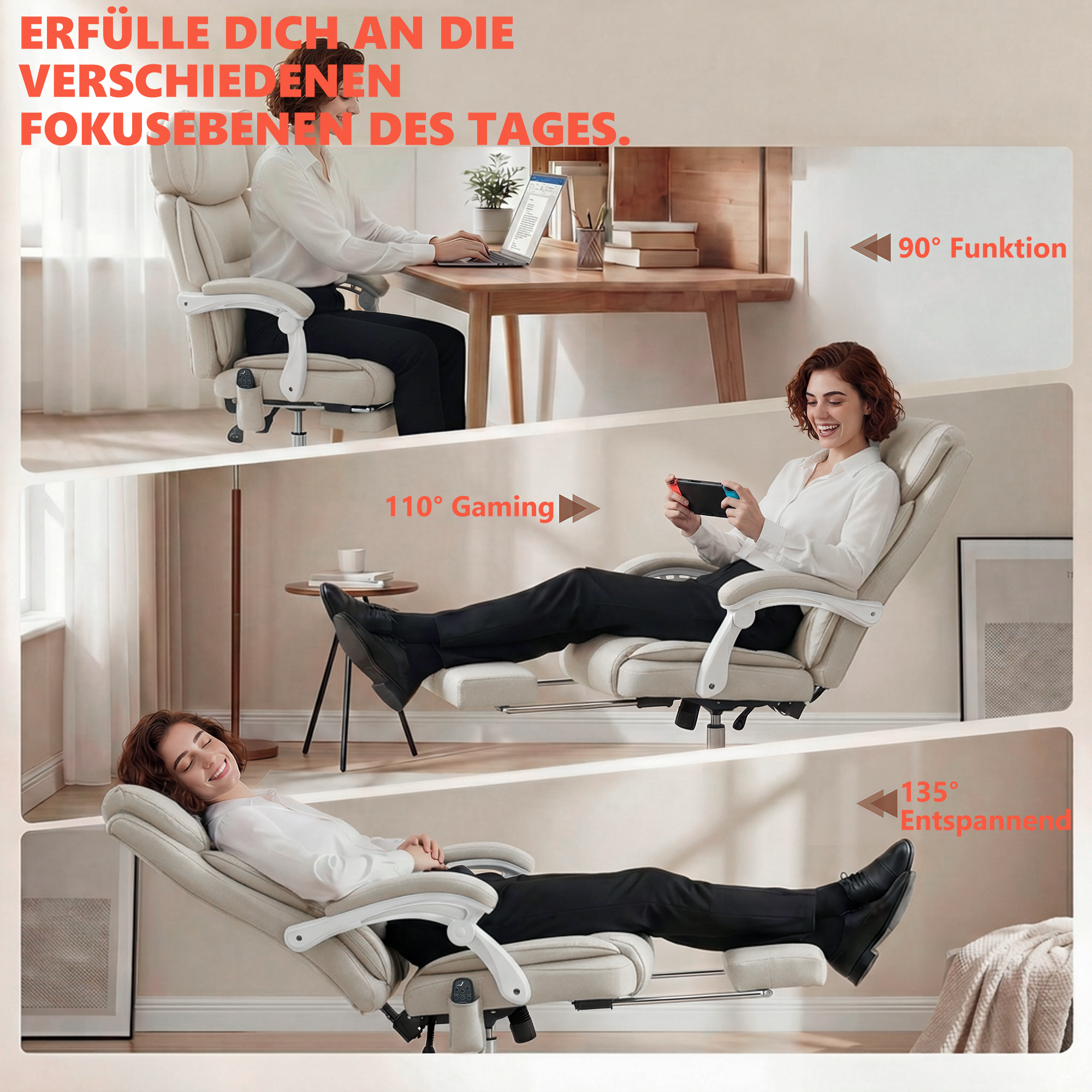 Hochlehner-Bürostuhl mit Vibrationsmassage und Heizung, ergonomisch, neigbar, mit Fußstütze, Cremeweiß