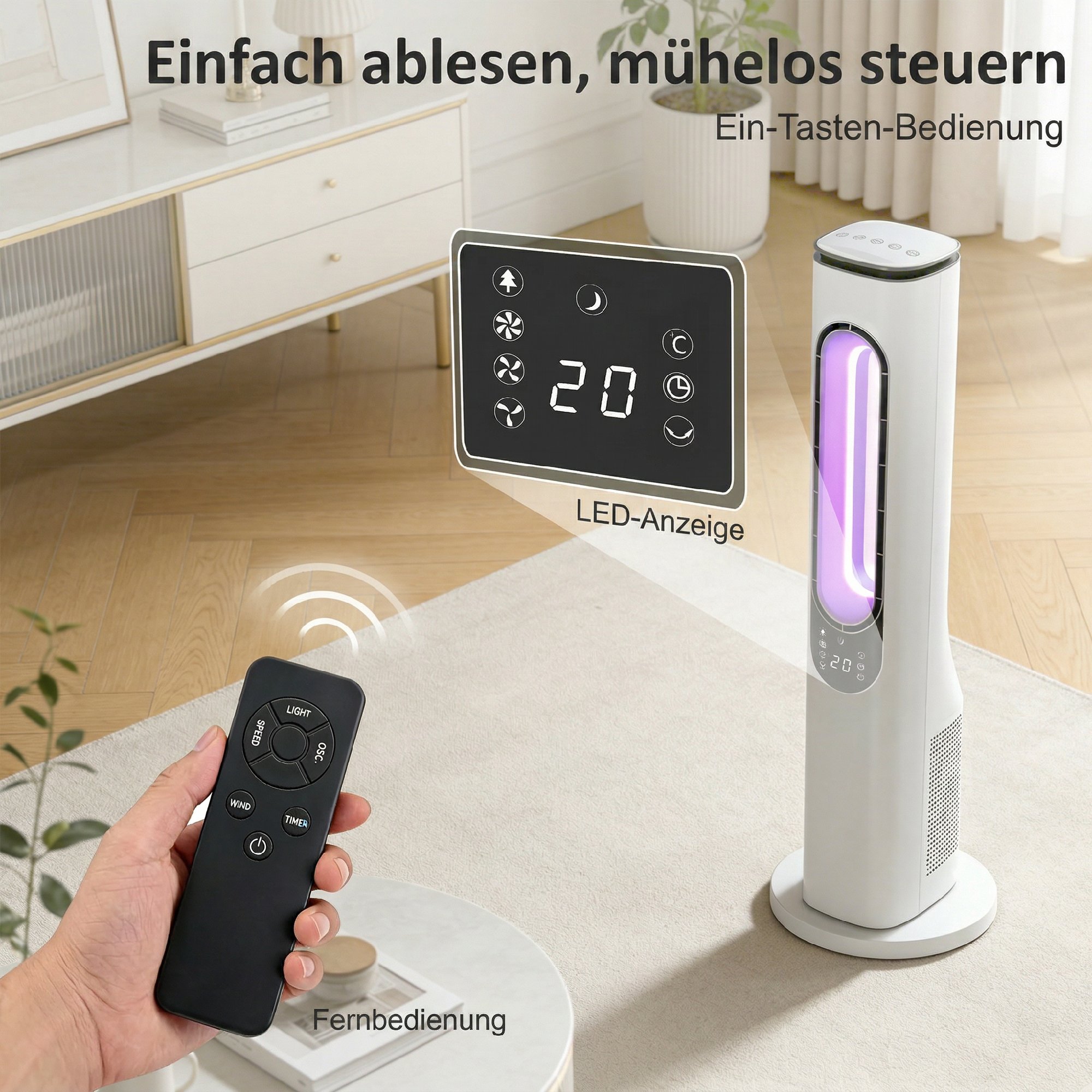 rotorloser Turmventilator für Schlafzimmer, 35 dB leiser Standventilator mit 50° Oszillation, LED-Leuchten, 3 Geschwindigkeiten, 15-Stunden-Timer, Weiß