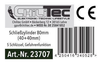 Schließzylinder 80mm (40+40mm), 5 Schlüssel, Not- & Gefahrenfunktion