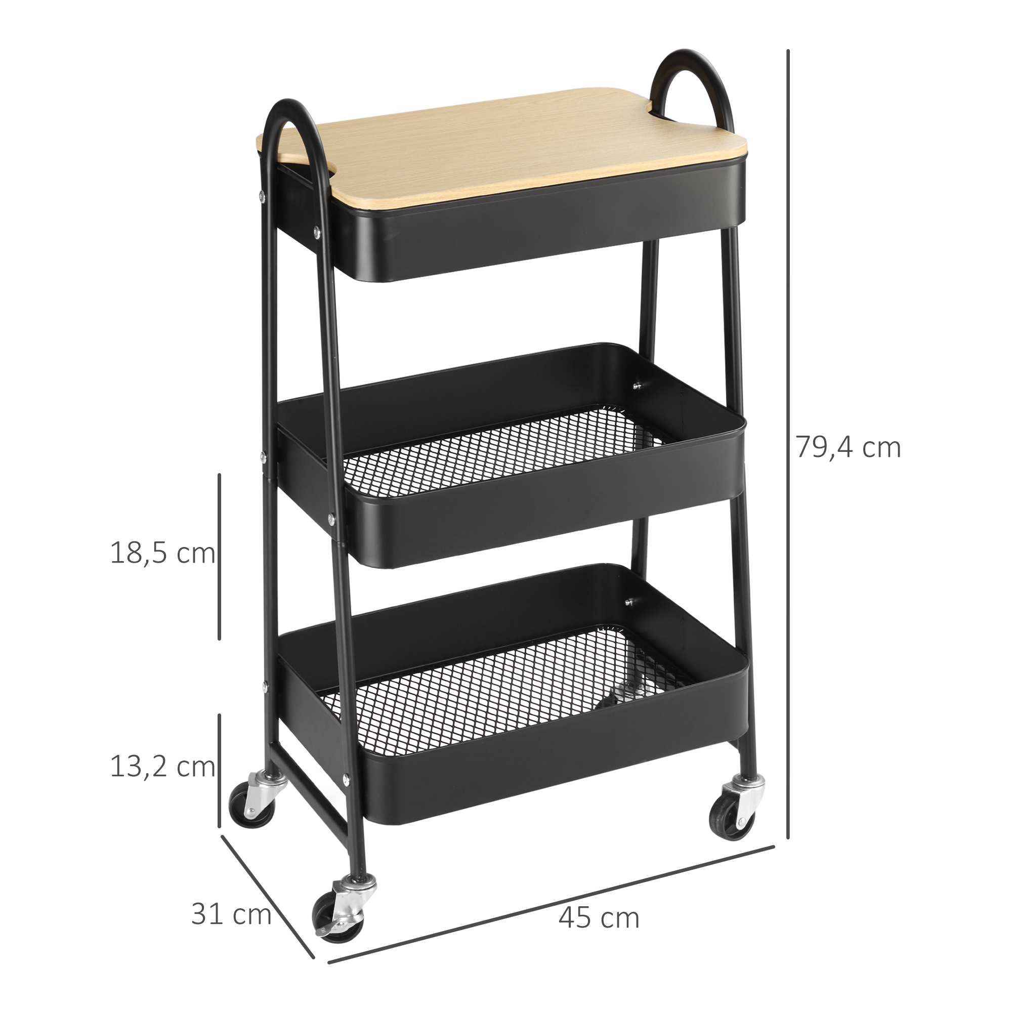 Rollwagen, Servierwagen mit 3 Korbböden, Metall, Kunststoff, Schwarz