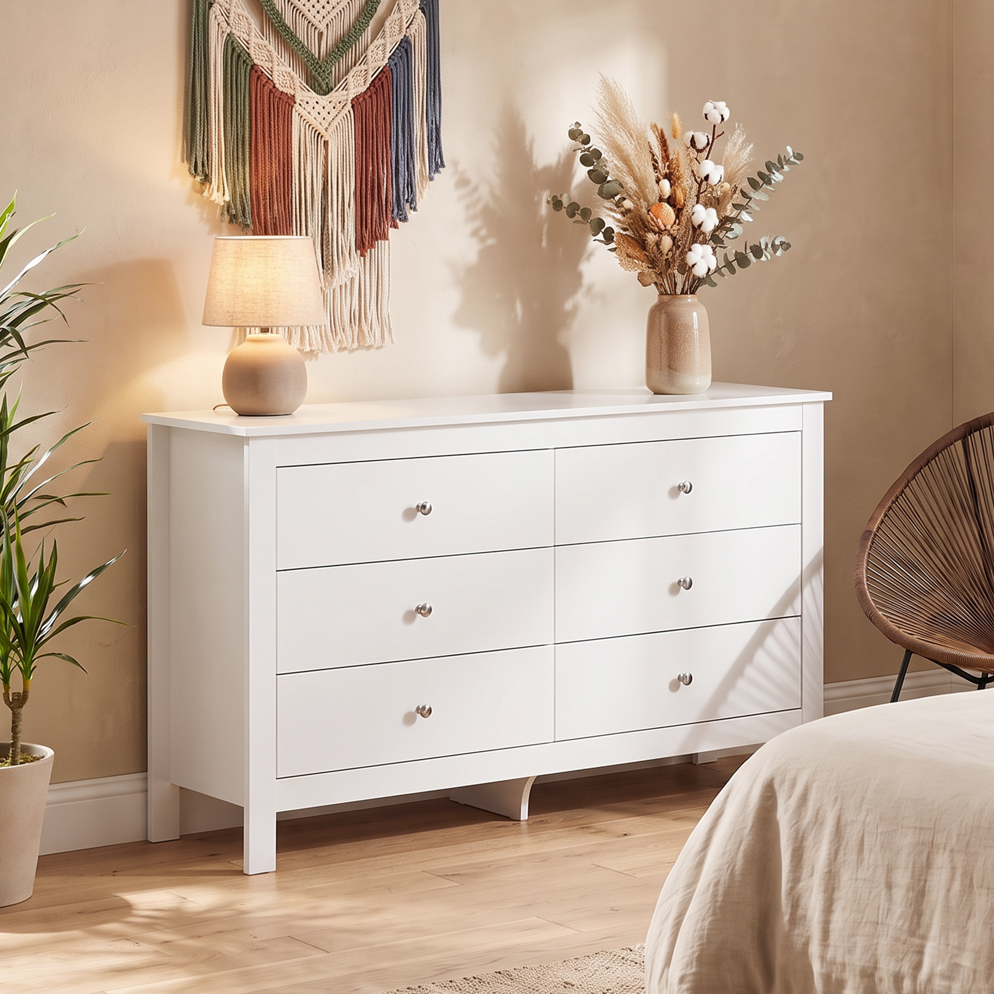 Kommode mit 6 Schubladen, Sideboard mit leichtgängigen Laufschienen für Schlafzimmer, Wohnzimmer oder Flur, 118 x 39,5 x 75,5 cm, Weiß