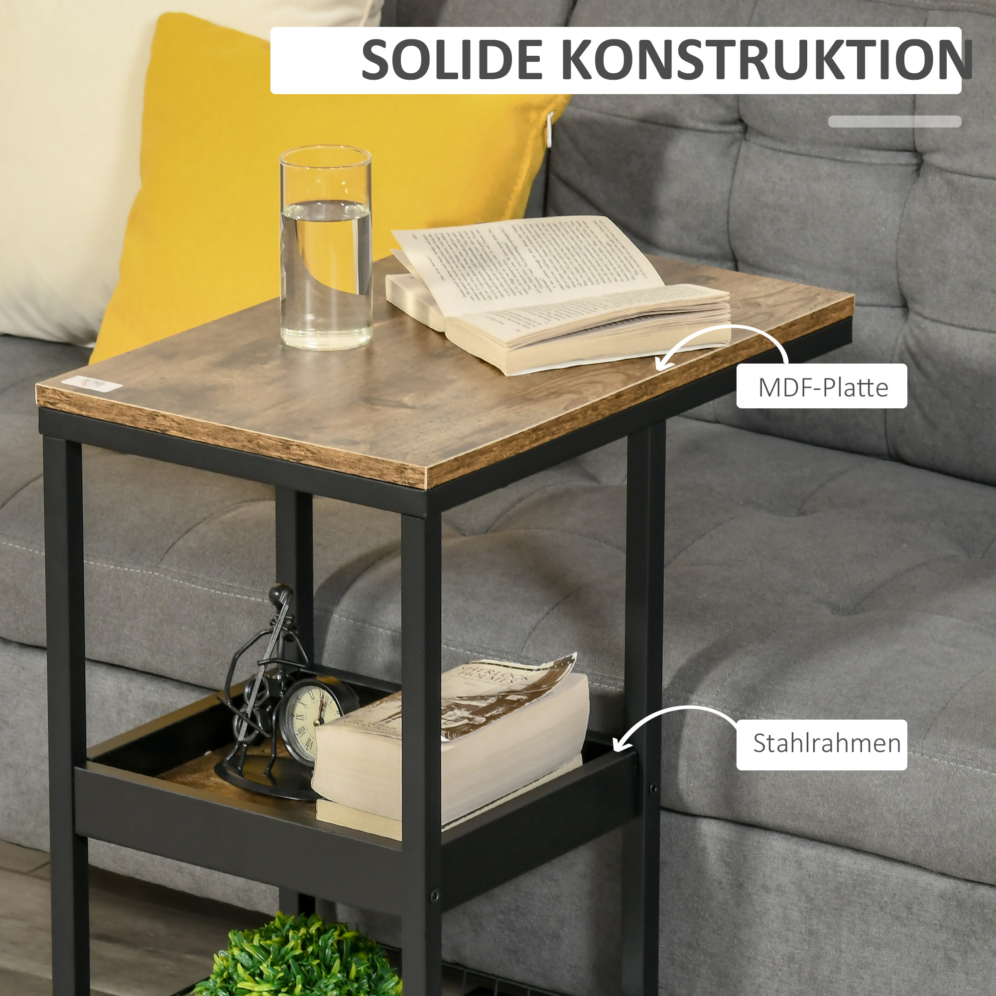 Beistelltisch mit Rädern für Sofa oder Bett, Industriestil, Stahl und Holz, Braun und Schwarz