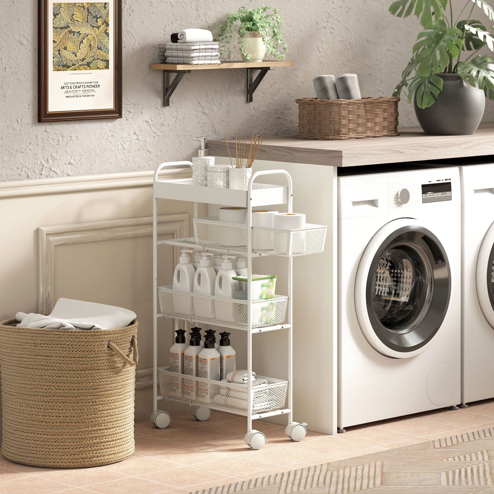 Küchenwagen aus Metall, 3 Körbe, schmales Design, 4 Räder, für Küche, Wohnzimmer, Badezimmer, Weiß