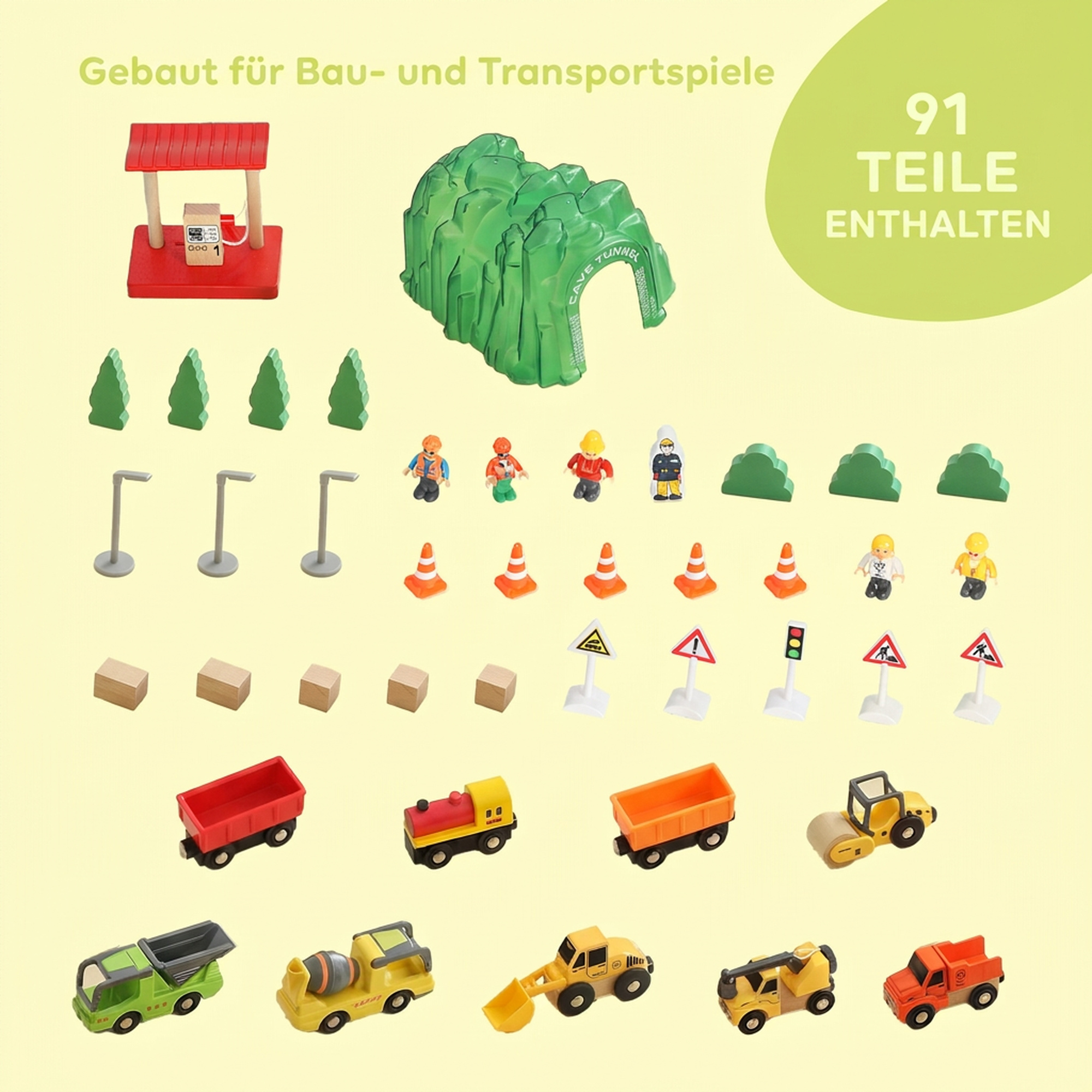 Holzeisenbahn Set 91 Stück Eisenbahn Set mit Kran Zügen Baufahrzeugen, Schienen Brücke für Kinder ab 3 Jahren
