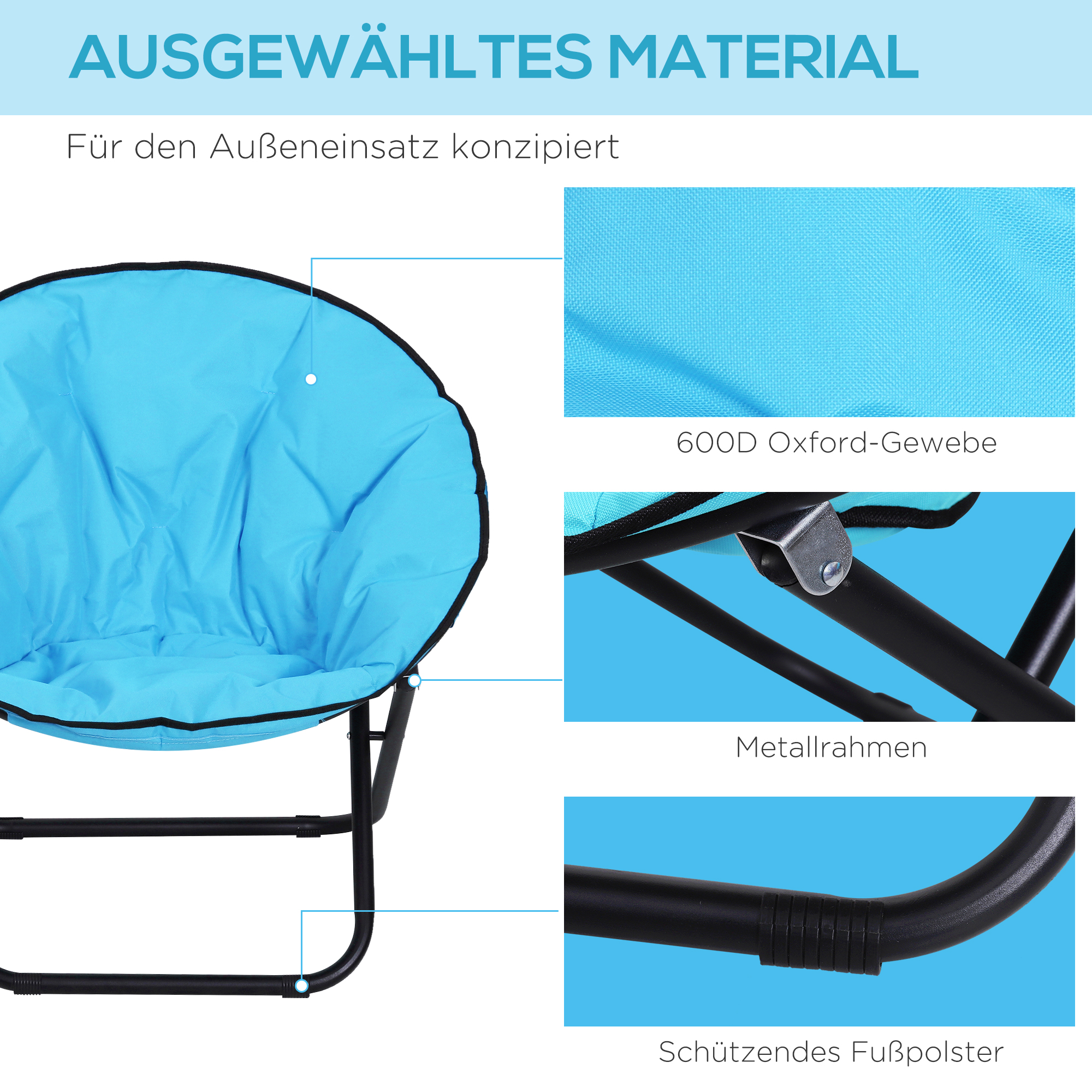 Campingstuhl Faltbar Campingsessel mit Lehne, Klappstuhl bis 120kg, gepolstert Moonchair Extra Breit, Faltsessel Outdoor Stuhl für Garten, Balkon, Camping, Blau