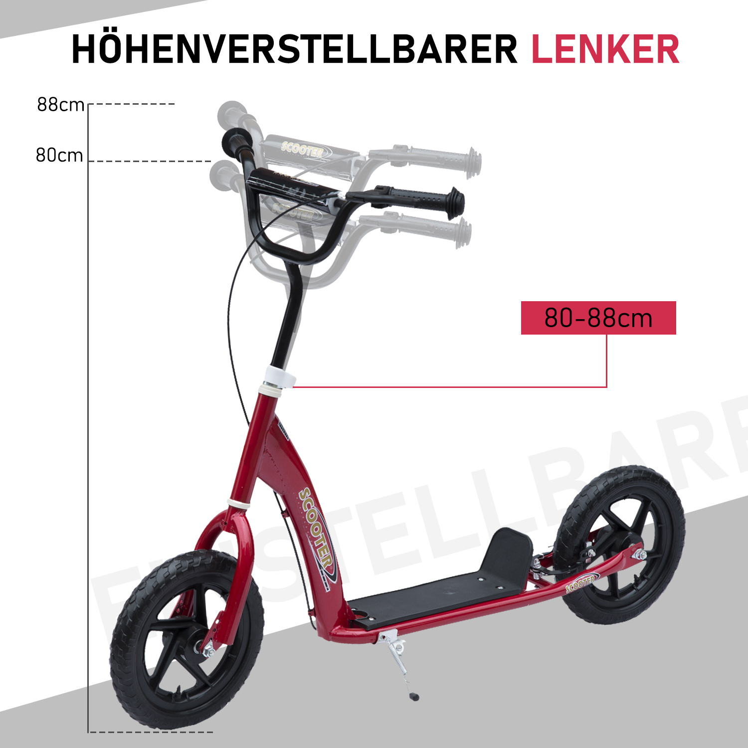 Kinderroller mit Hinterbremse Kickscooter 12 Zoll Tretroller Roller Scooter Cityroller für Kinder Kickboard Höhenverstellbar Stahl EVA Rot 120 x 52 x 80-88 cm