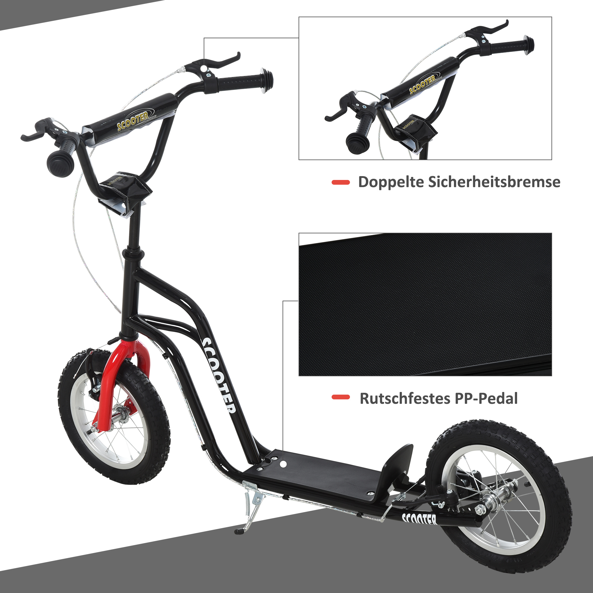 Kinderroller Lenker Verstellbar Scooter Tretroller Cityroller Kinder Roller Kickboard mit Luftreifen 12 Zoll ab 5 Jahre Schwarz 120 x 58 x 75-80 cm