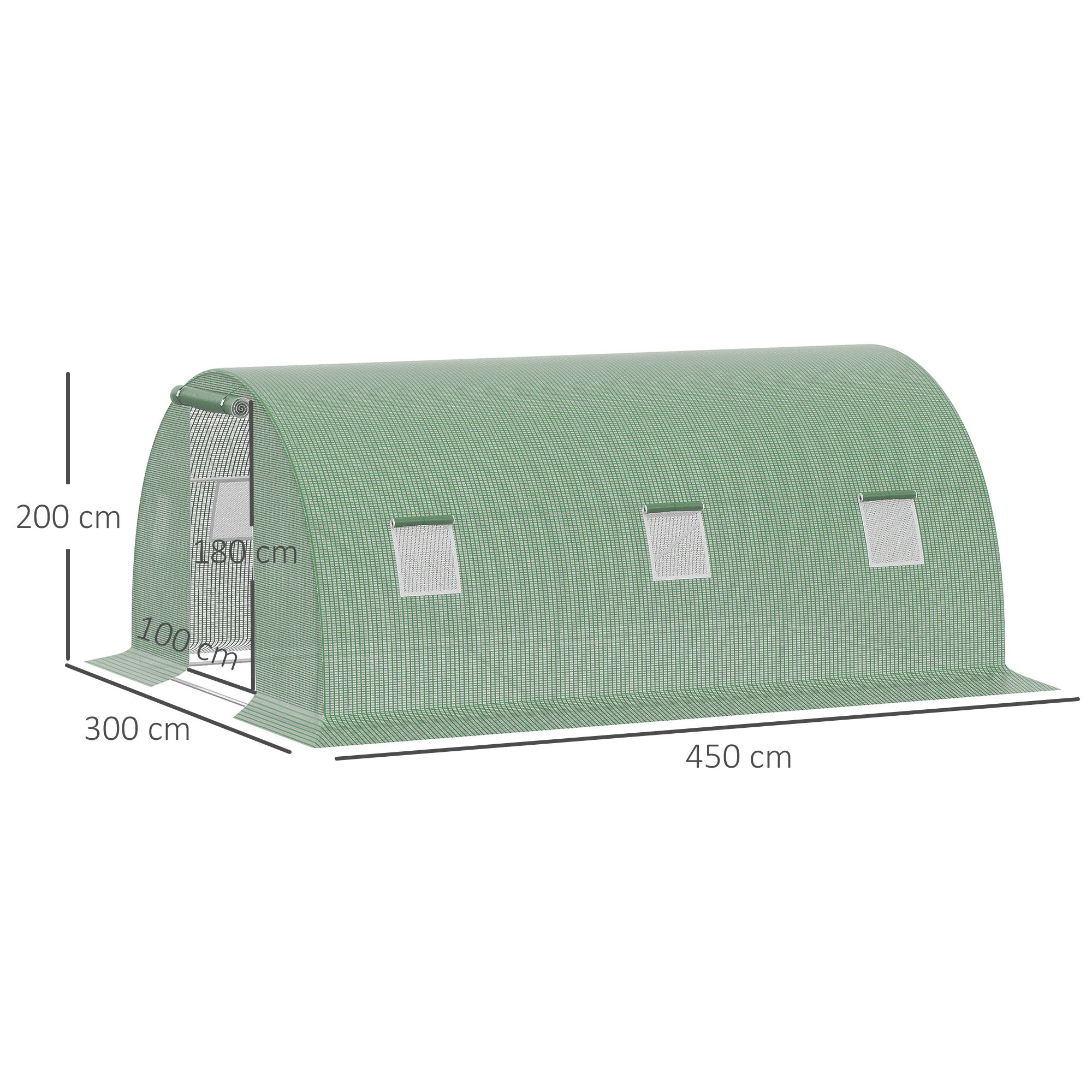 Foliengewächshaus begehbares Polytunnel 4,5 x 3 m Gewächshaus mit 6 Fenster Treibhaus Frostschutz Stahlrohr Dunkelgrün