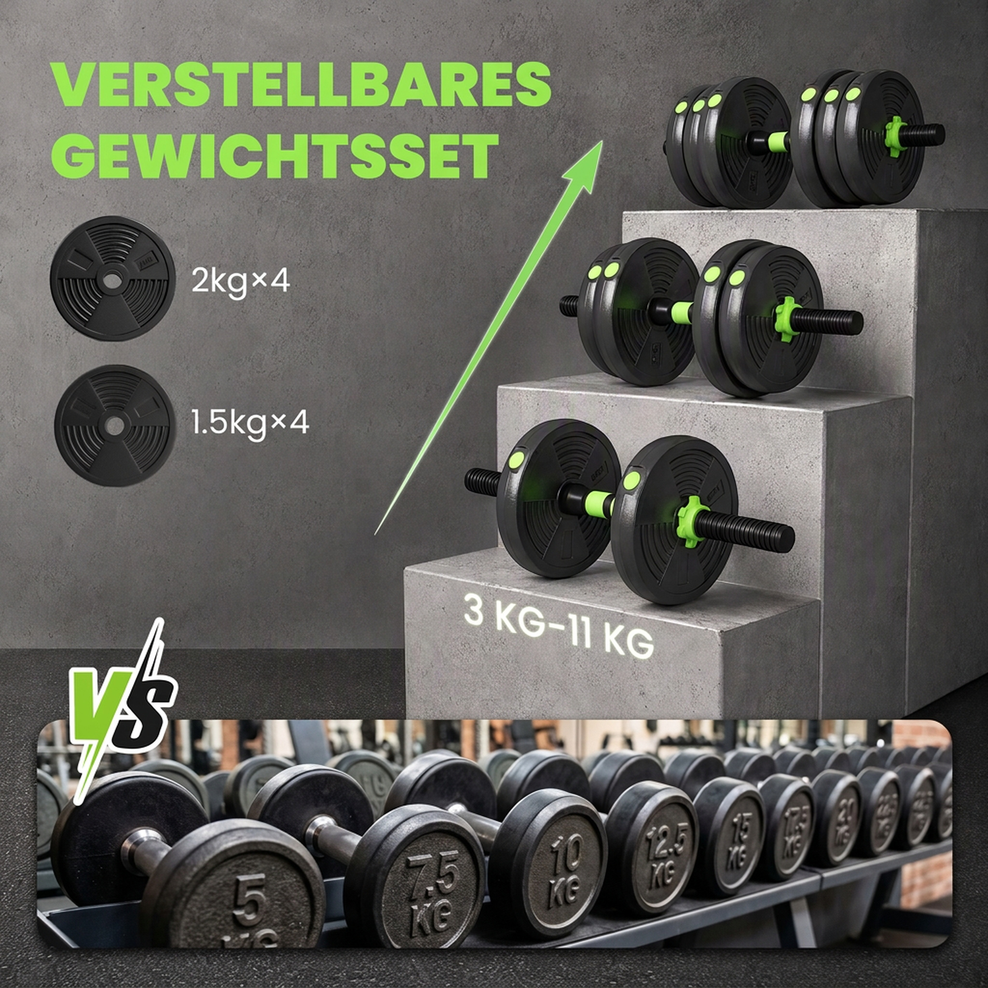 Hantelset verstellbar 15 KG Kurzhantel Set Kurzhanteln Langhanteln Hanteln Set für Krafttraining