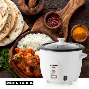 Reiskocher | 0,6 l | 300 W | Antihaftbeschichtung | abnehmbare Schüssel | Dampfgareinsatz | Warmhaltefunktion | automatische Abschaltung | weiß