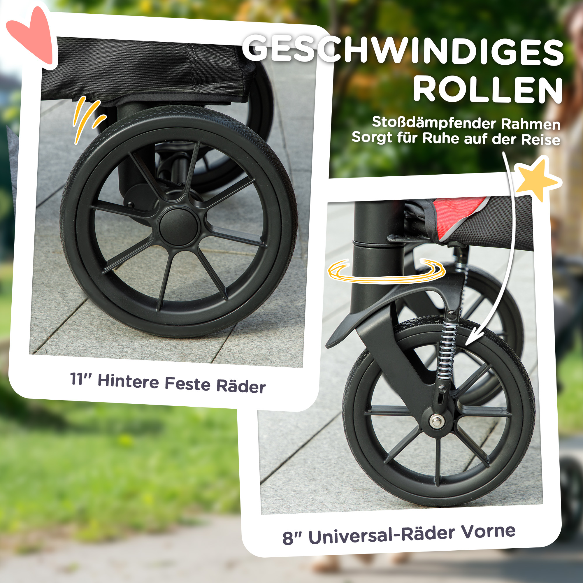 Hundewagen, Faltbarer Hundebuggy für große Hunde, Haustierwagen mit 4 Rädern, Sicherheitsleinen, Bremsen, Schwarz