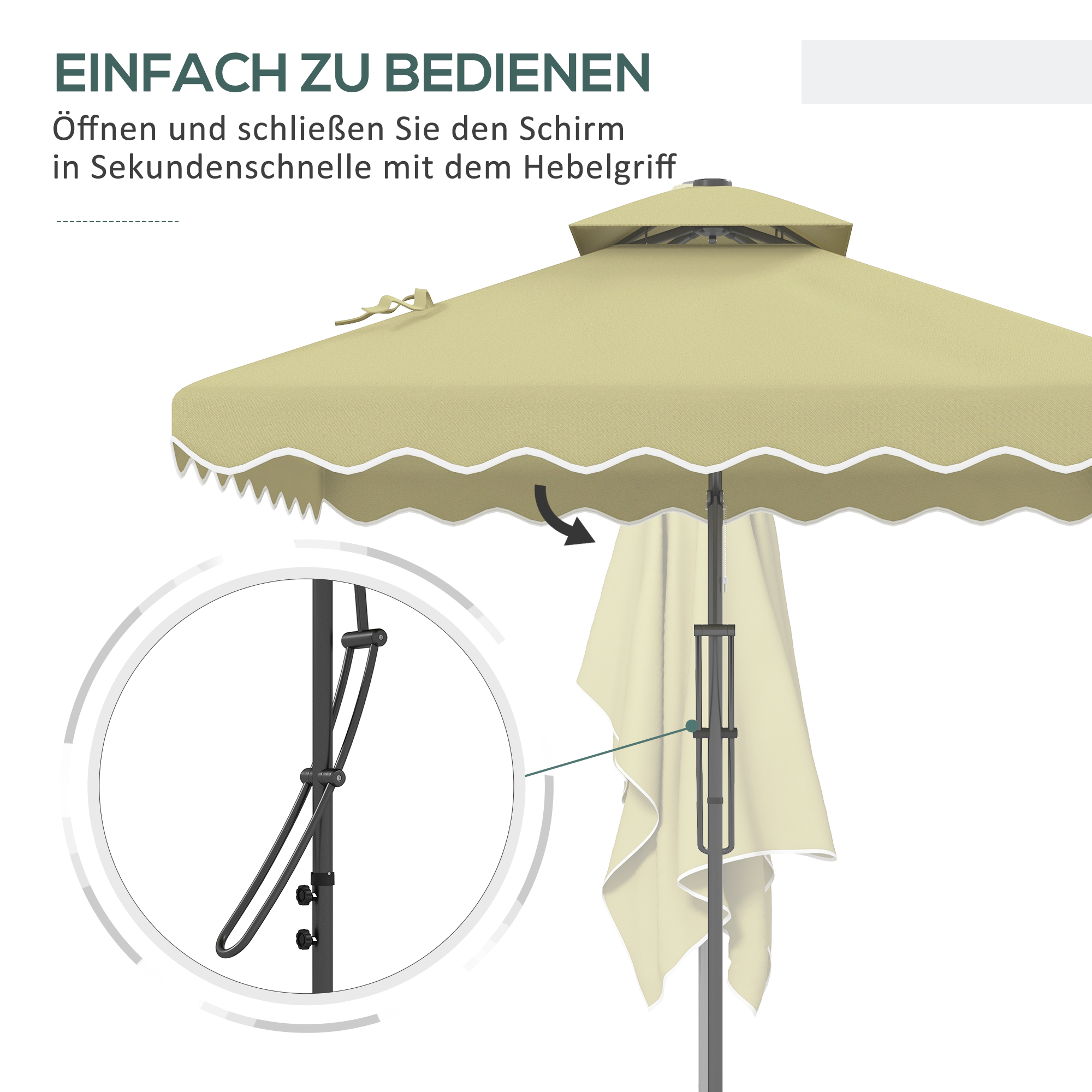 Gartenschirm, Ampelschirm, dekorativer Rand, Lüftungsdach, Metallgestell, 2,4x2,4x2,6m, Beige