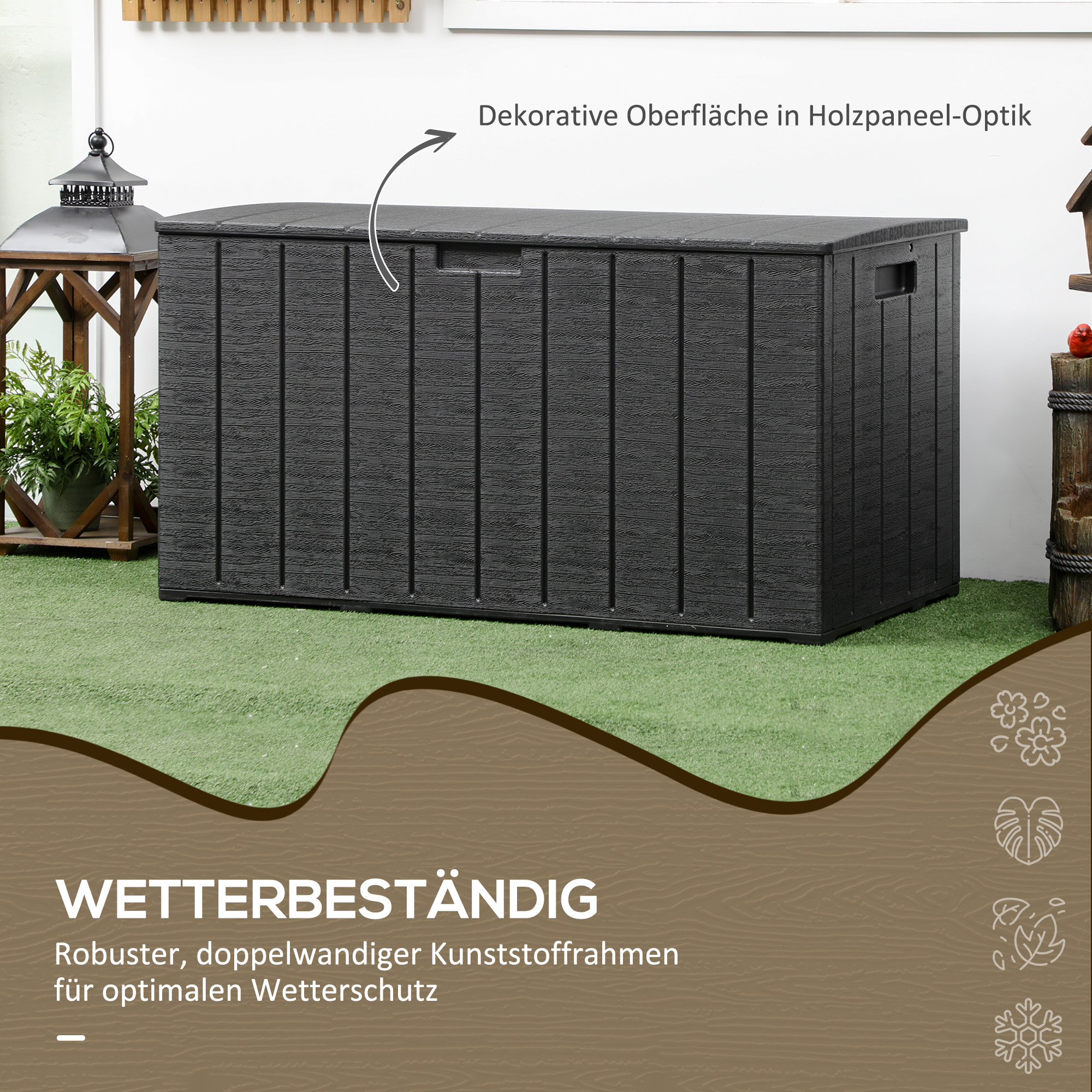 Gartenbox 366 Liter aus Kunststoff doppelwandiger Wasserdicht Kissenbox mit Rollen Griffmulden Holzoptik