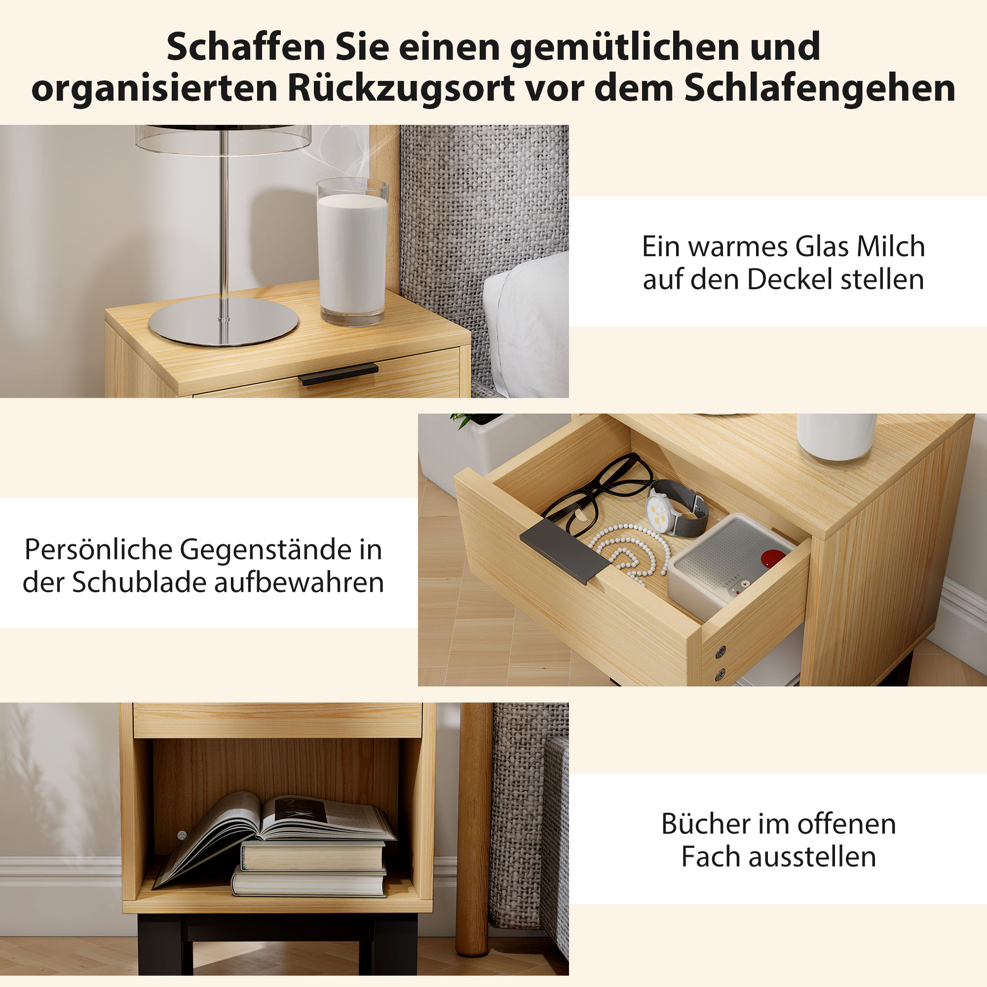 Nachttisch, Nachtschrank mit Schublade, offenes Fach, Nachtkommode für Schlafzimmer, Wohnzimmer, 35 x 26 x 50 cm, Eiche