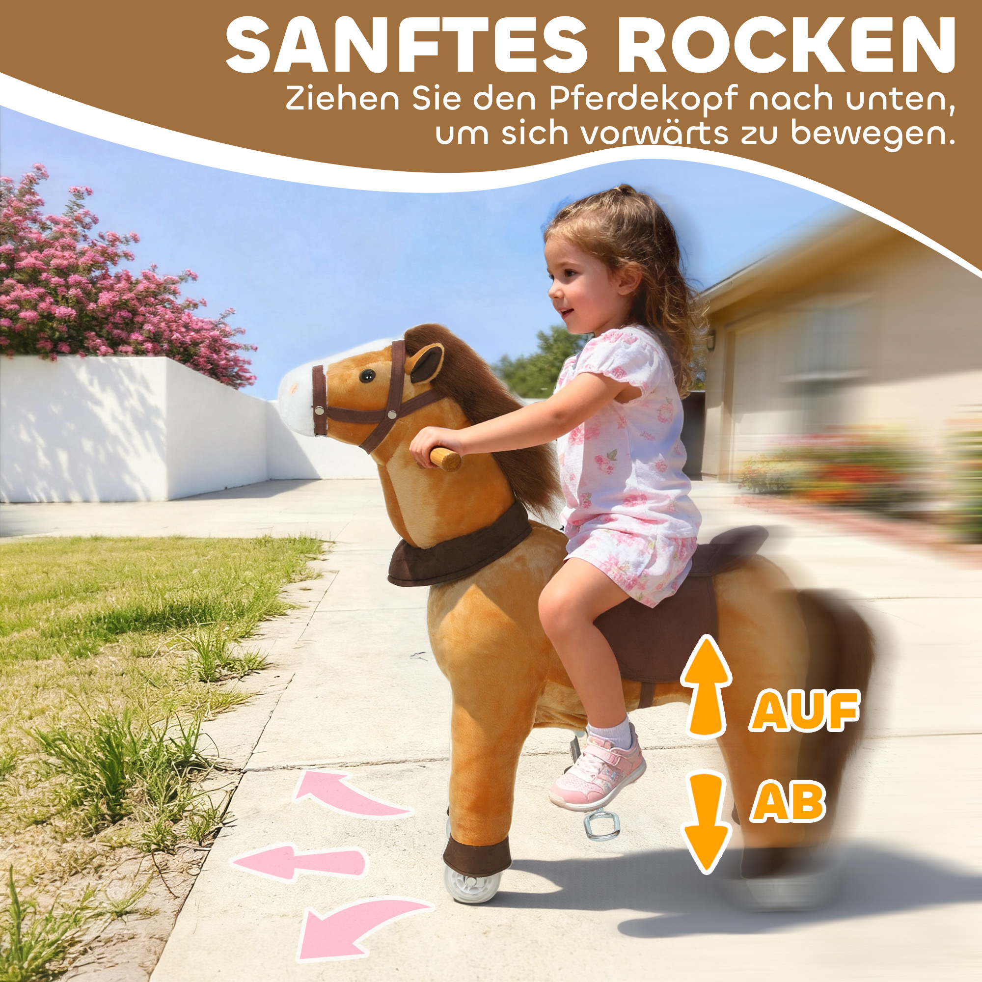 Reitpferd für Kinder, Stoffbezug, stabiler Rahmen, sanfte Räder, Schaukelpferd, 3-5 Jahre, Dunkelbraun