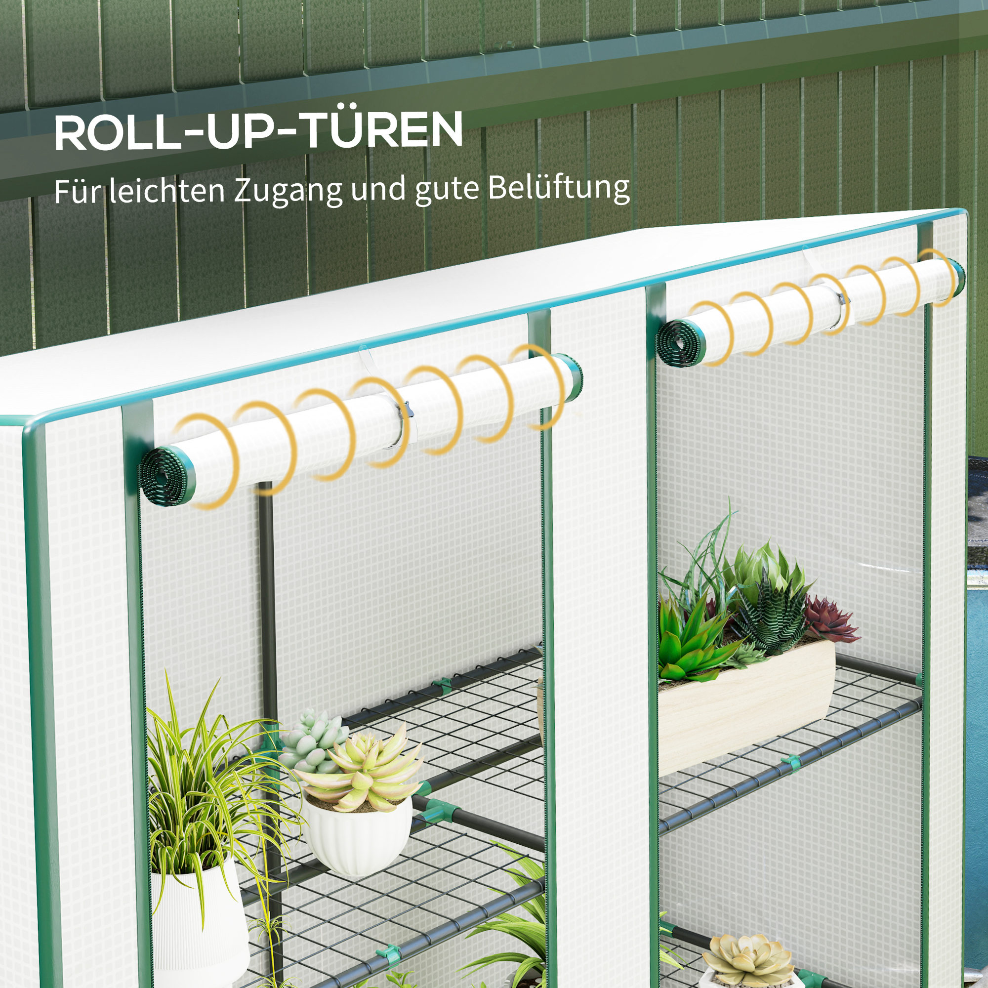 Mini-Gewächshaus mit 3-Ebenen-Regal, Kunststoff-Abdeckung, UV-beständig, tragbar, Rolltür, 144 x 48 x 152 cm, Weiß