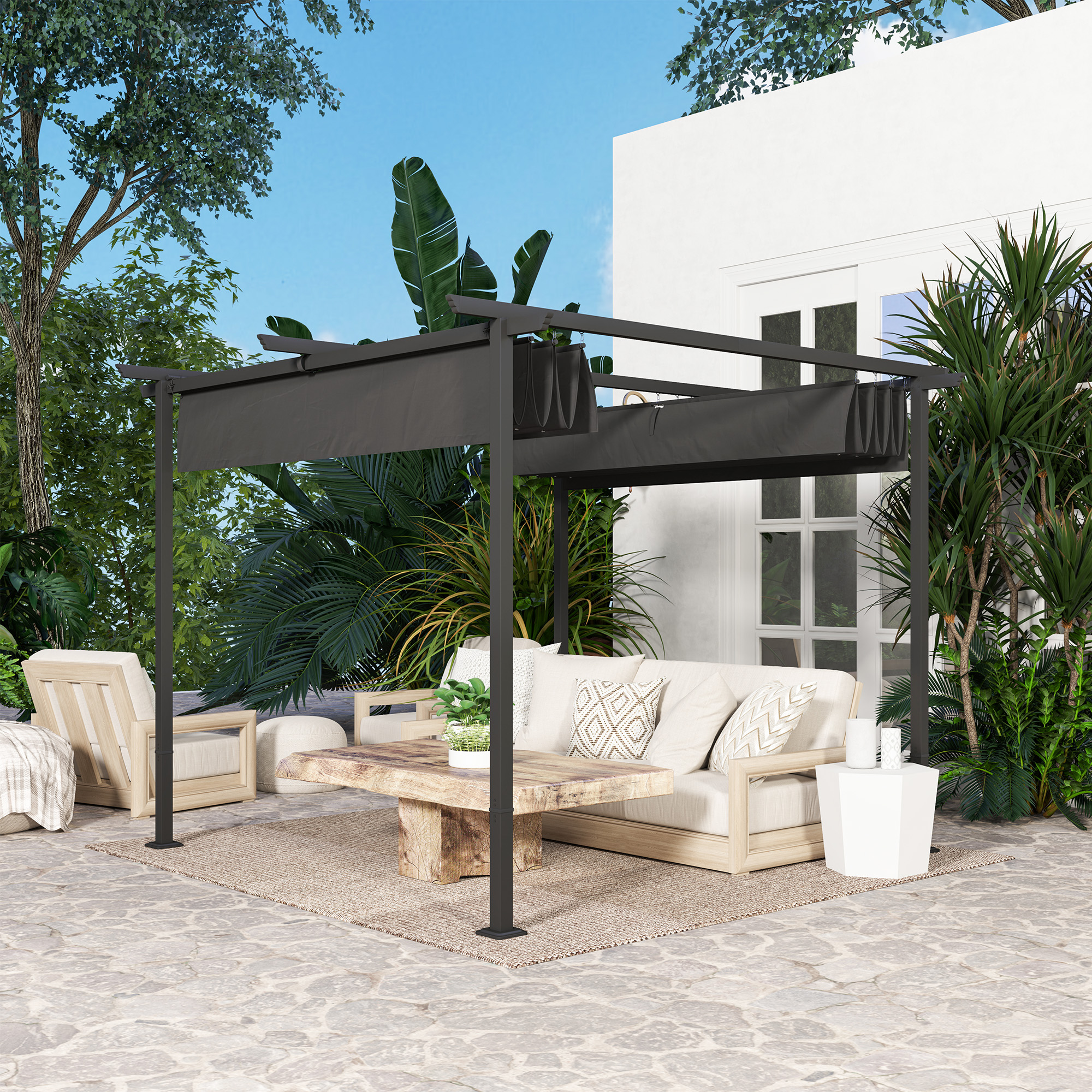 3 x 3 m Garten-Pergola mit verstellbarem Dach, Metallrahmen, UPF30+ Schutz, Sonnendach für Veranda, Terrasse, Dunkelgrau
