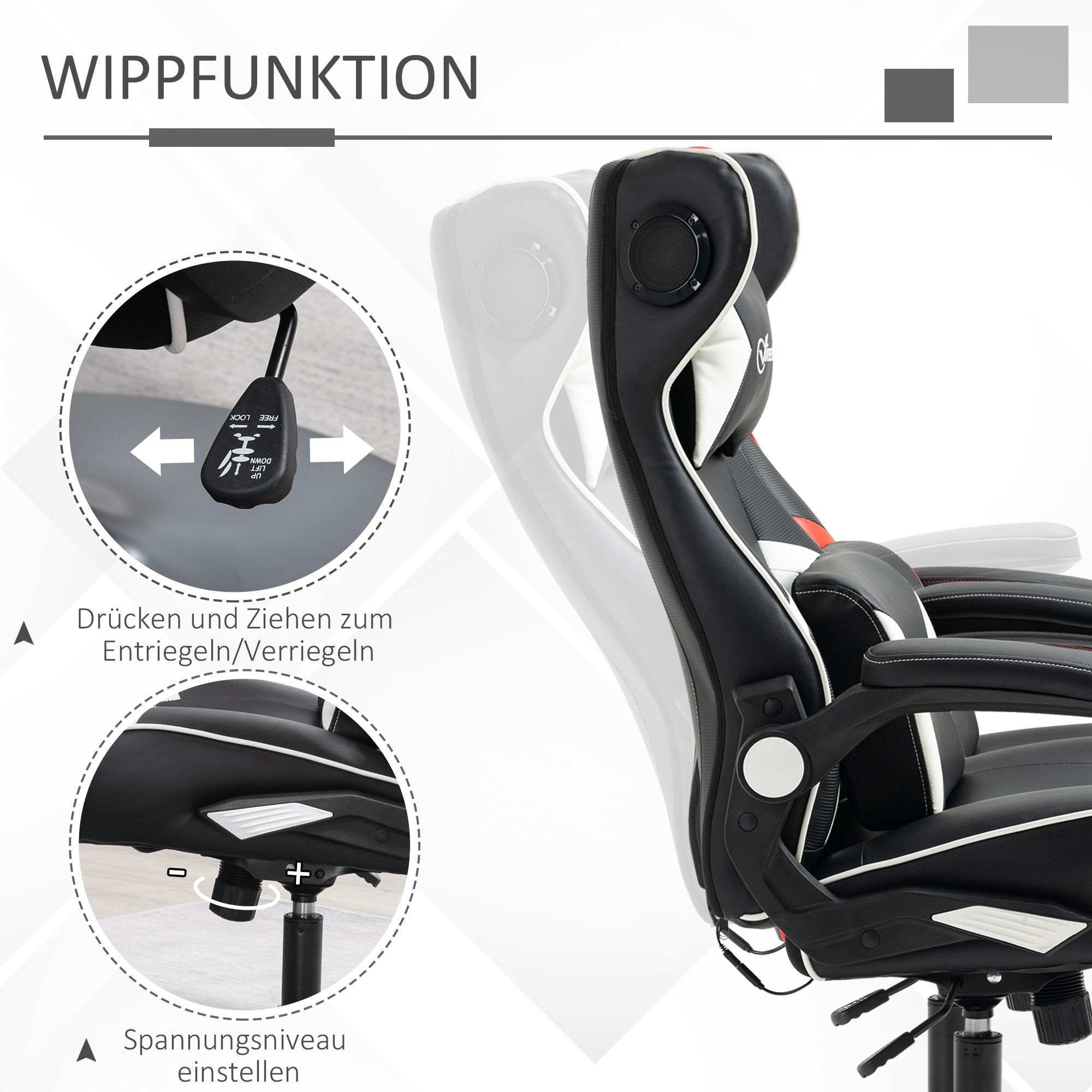 Gamingsessel, Gamingstuhl, integrierte Lautsprecher, neigbare Rücklehne, schwarz+weiß, 69 x 73 x 118cm