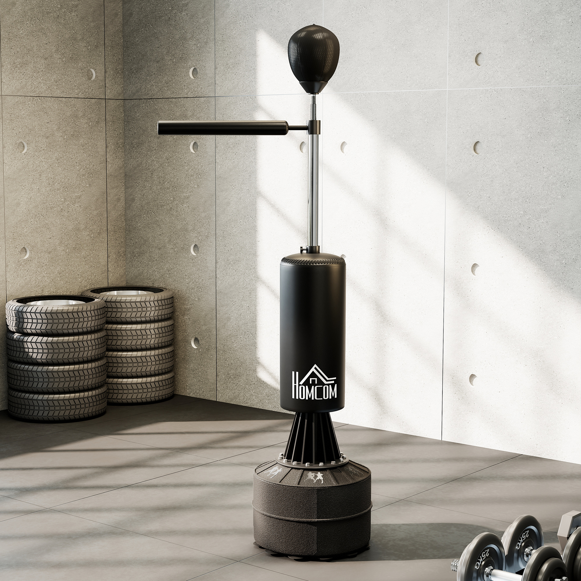 Boxsack Stehend mit Speedball, Reflexstange, Höhenverstellbar, für Erwachsene, 155-205cm, Schwarz