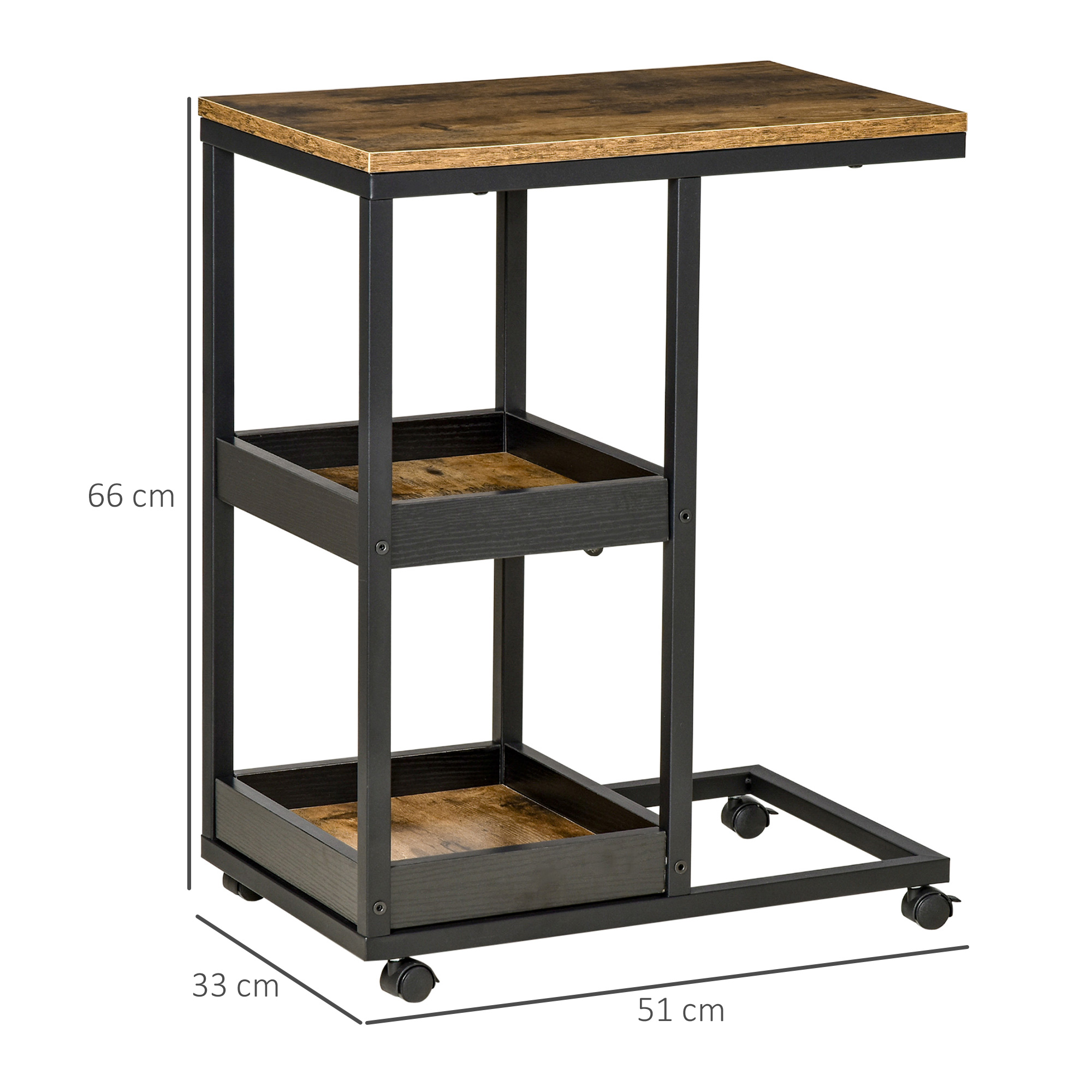 Beistelltisch mit Rädern für Sofa oder Bett, Industriestil, Stahl und Holz, Braun und Schwarz