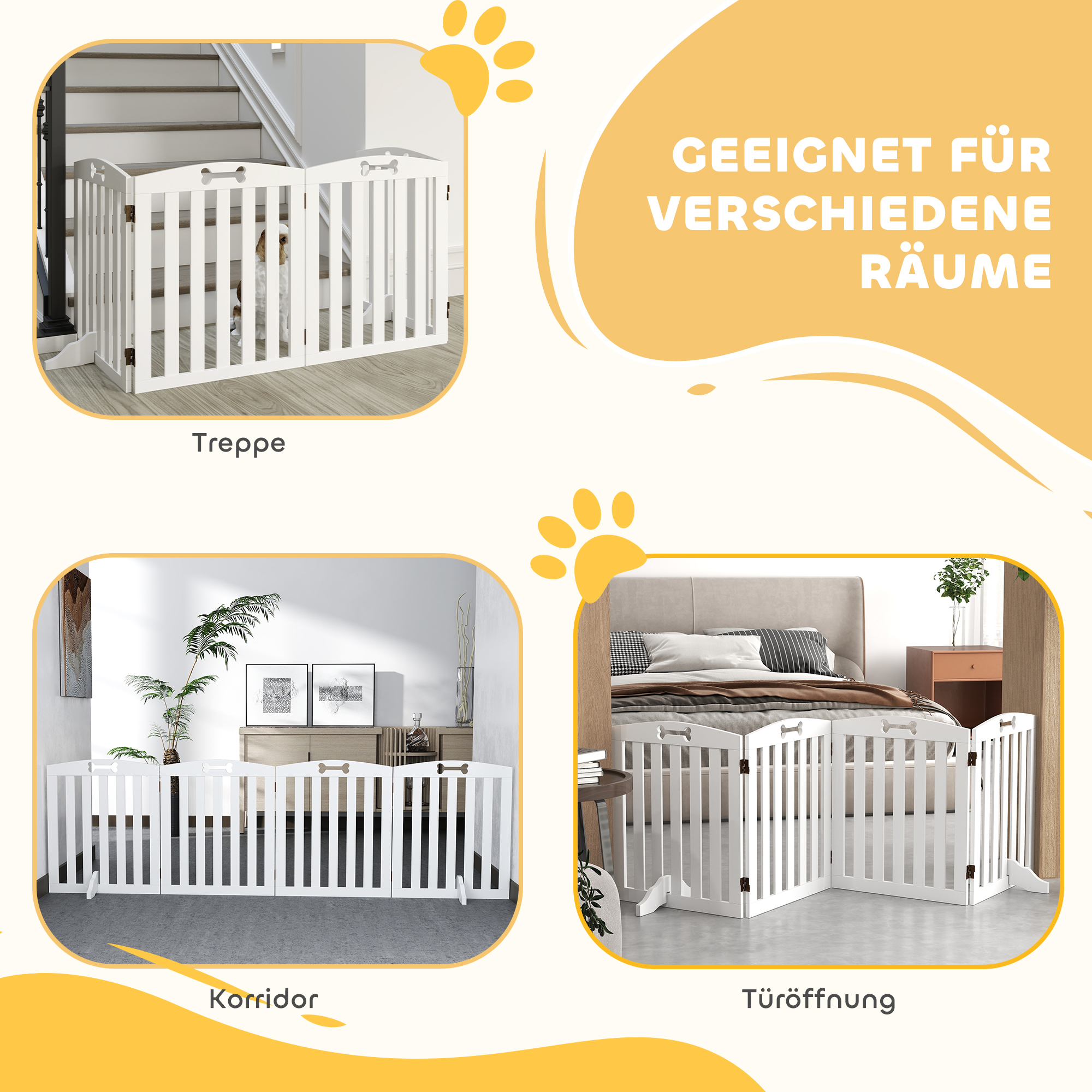 Freistehendes Hundegitter mit Stützfüßen, für Türrahmen, Flur, Treppe, 207,5x 30 x 61 cm, Weiß