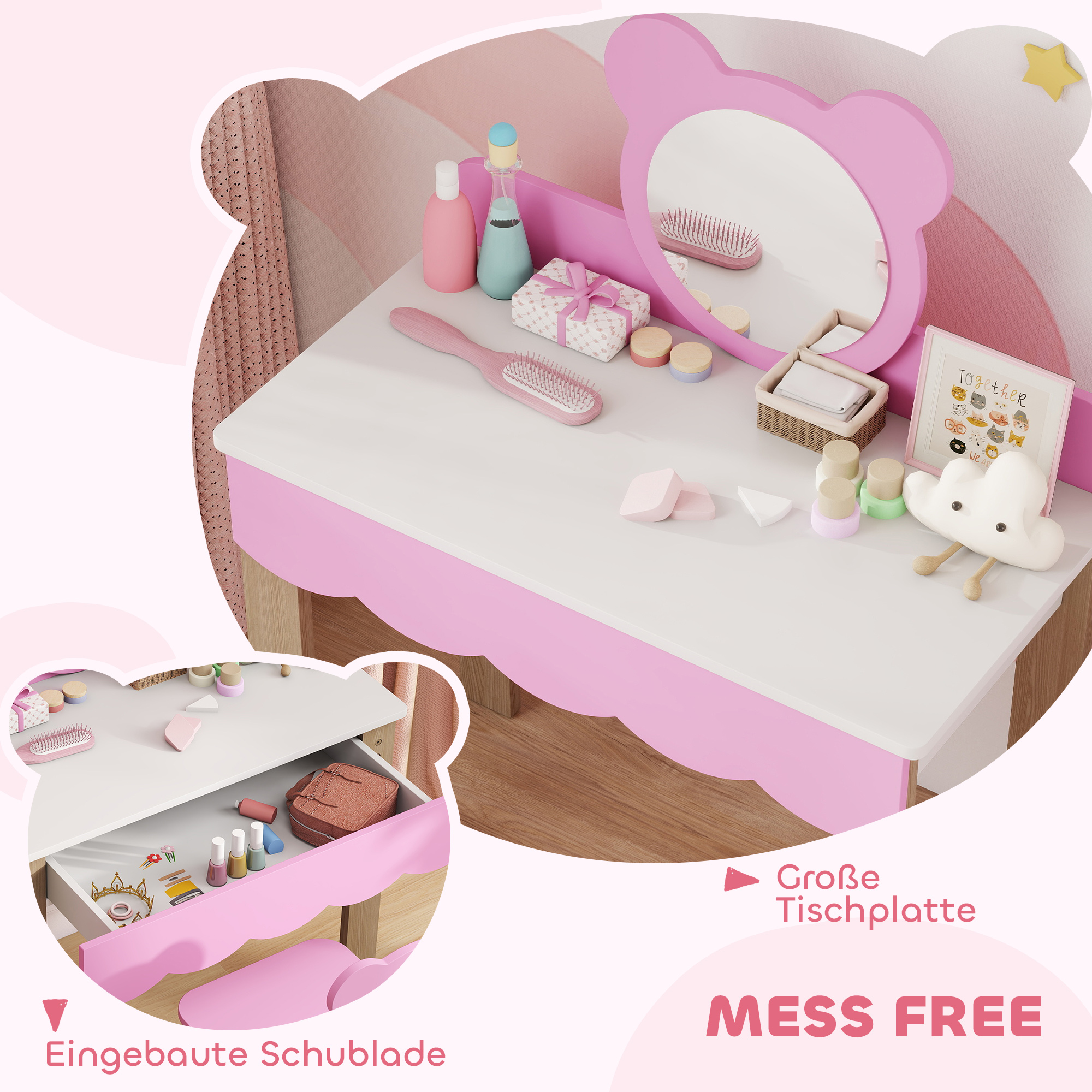 Frisiertisch-Set mit Hocker für Kinder, Schminkspiegel, Bärchenform, Schublade, MDF, Rosa