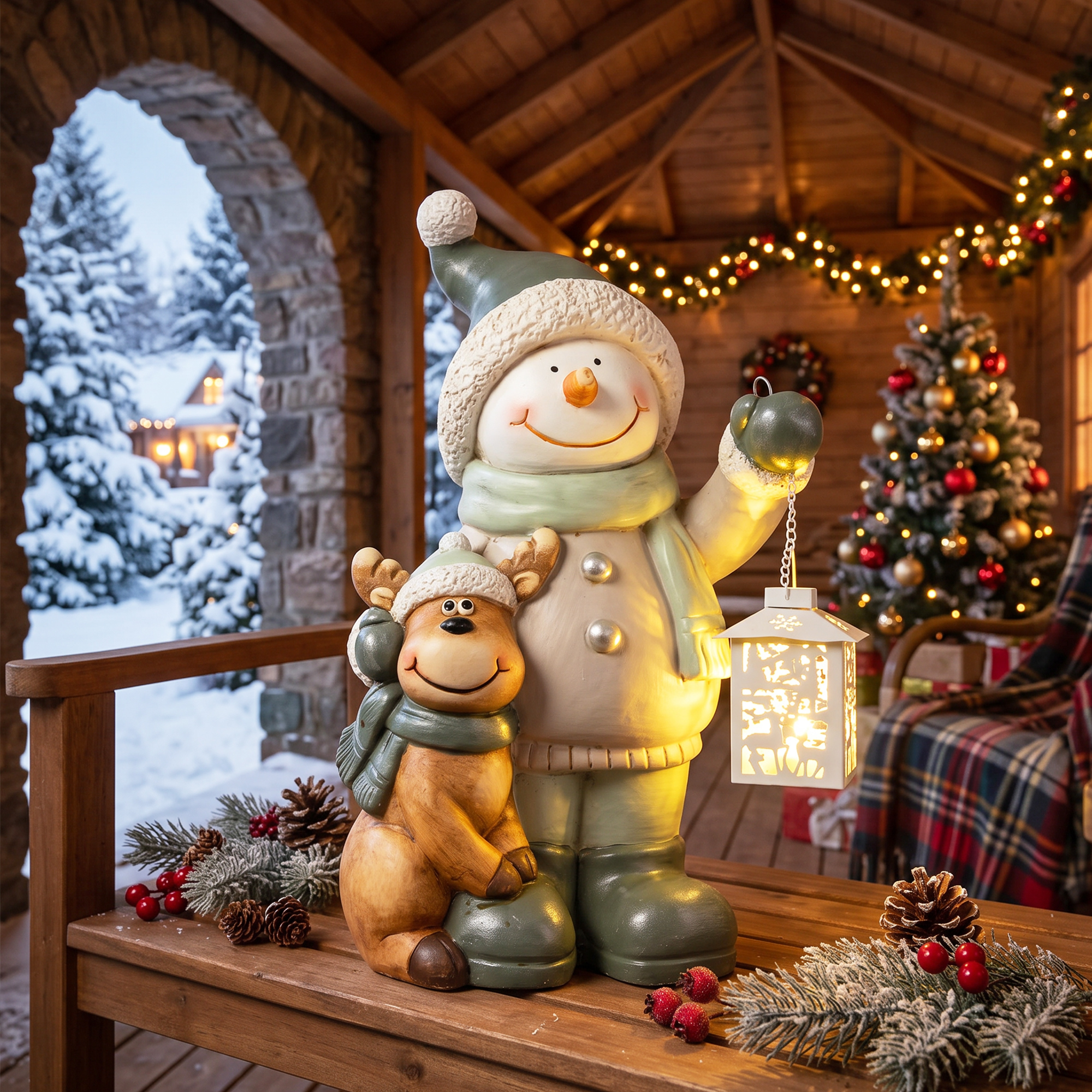 Schneemann-Figur 43 cm aus MGO mit LED-Laterne und Timer, für Eingangsbereich & Türbereich