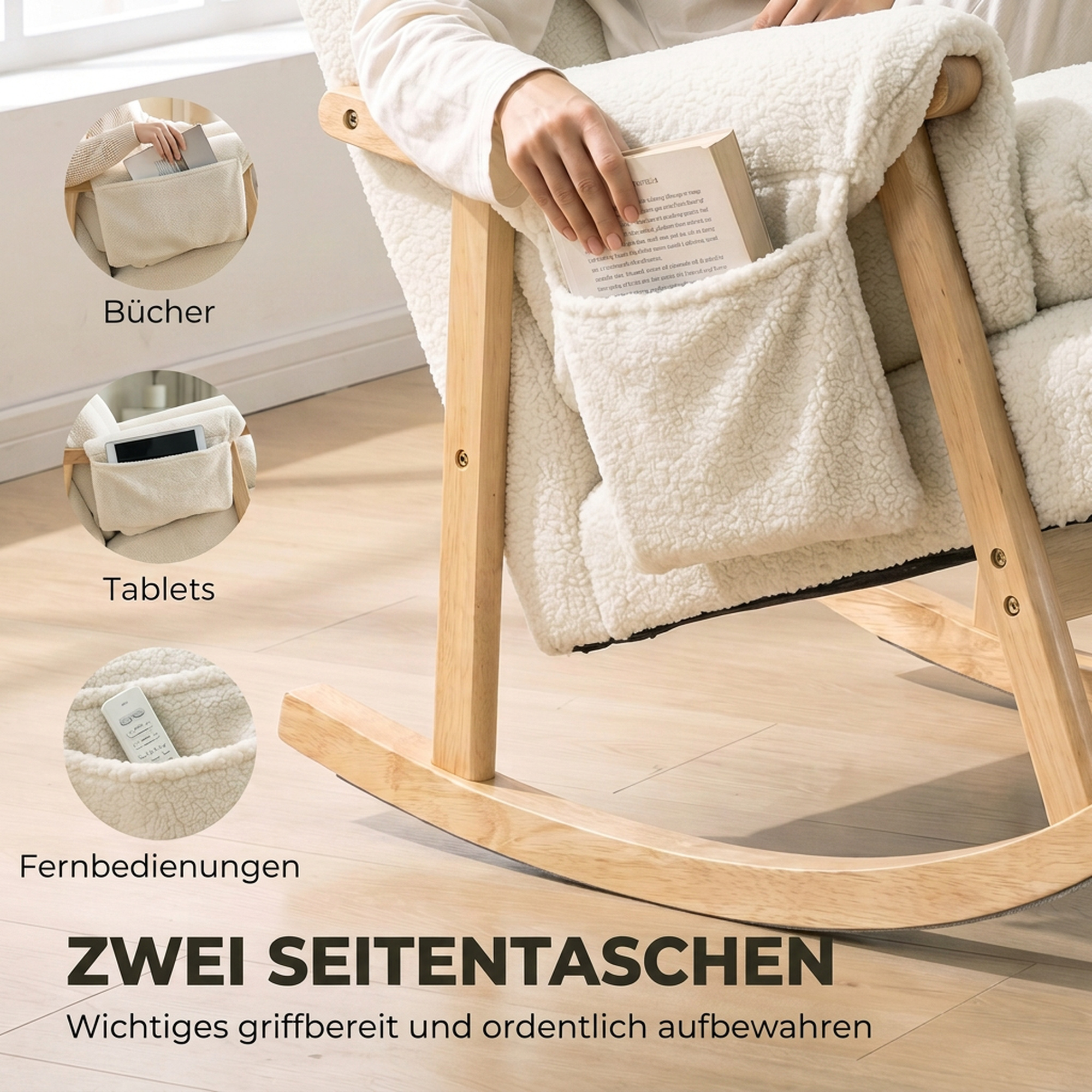 Schaukelstuhl mit Seitentaschen, Snow-Flannel-Bezug und Beinen aus Gummibaumholz, cremeweiß