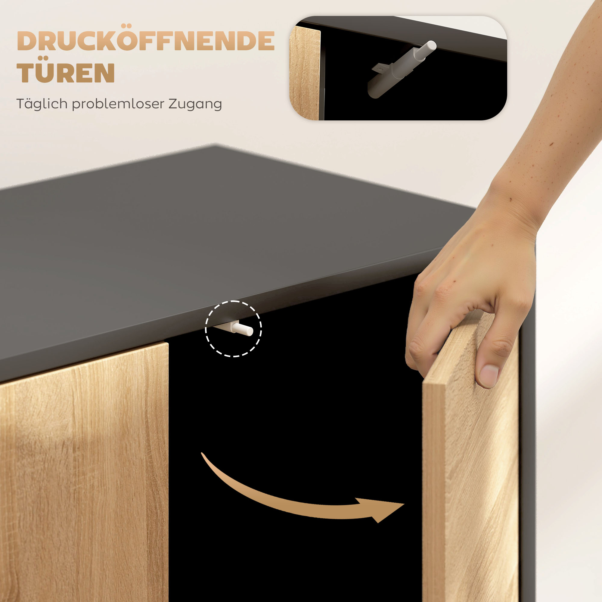 Sideboard mit Push-to-Open Türen, Esszimmerschrank mit Metallbeinen, Küchenschrank, MDF, Schwarz+Naturholz