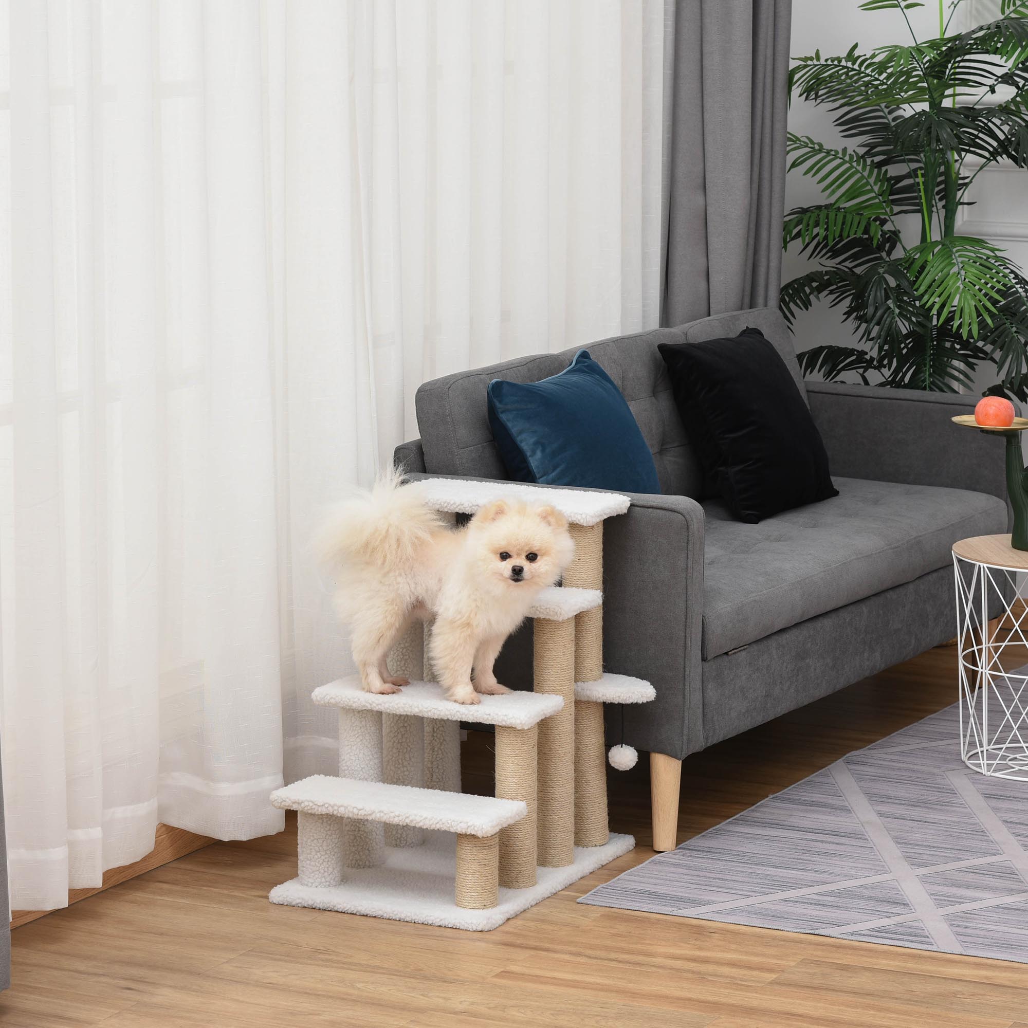 Katzentreppe 4-stufige Haustiertreppe mit Kratzsäulen Ball Hundetreppe Tiertreppe für Katzen bis 5 kg Plüsch Jute Weiß 60 x 40 x 64 cm