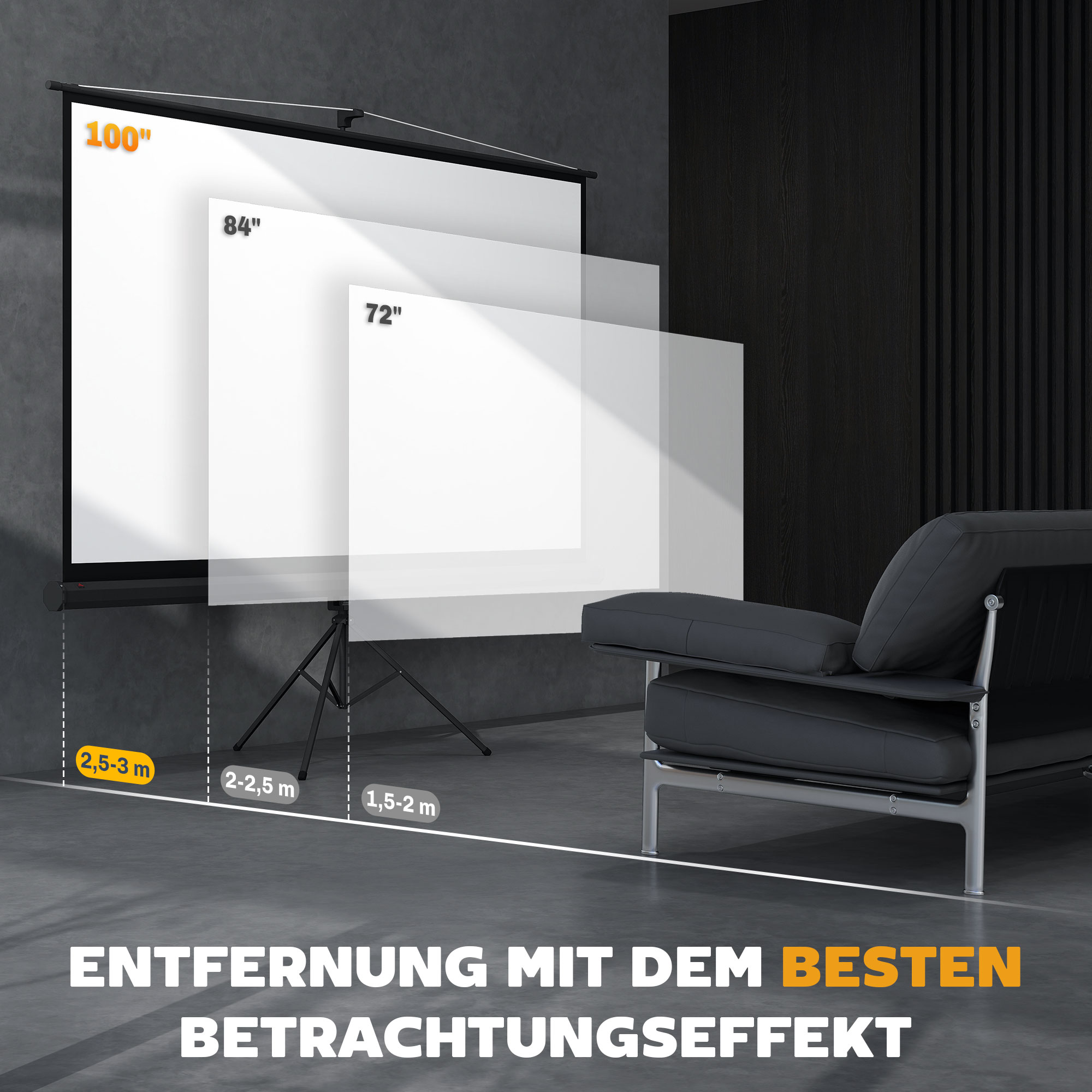 Beamer Leinwand mit Stativ 221 x 124 cm 100 Zoll 16:9 HD 4K Rollo-Leinwand