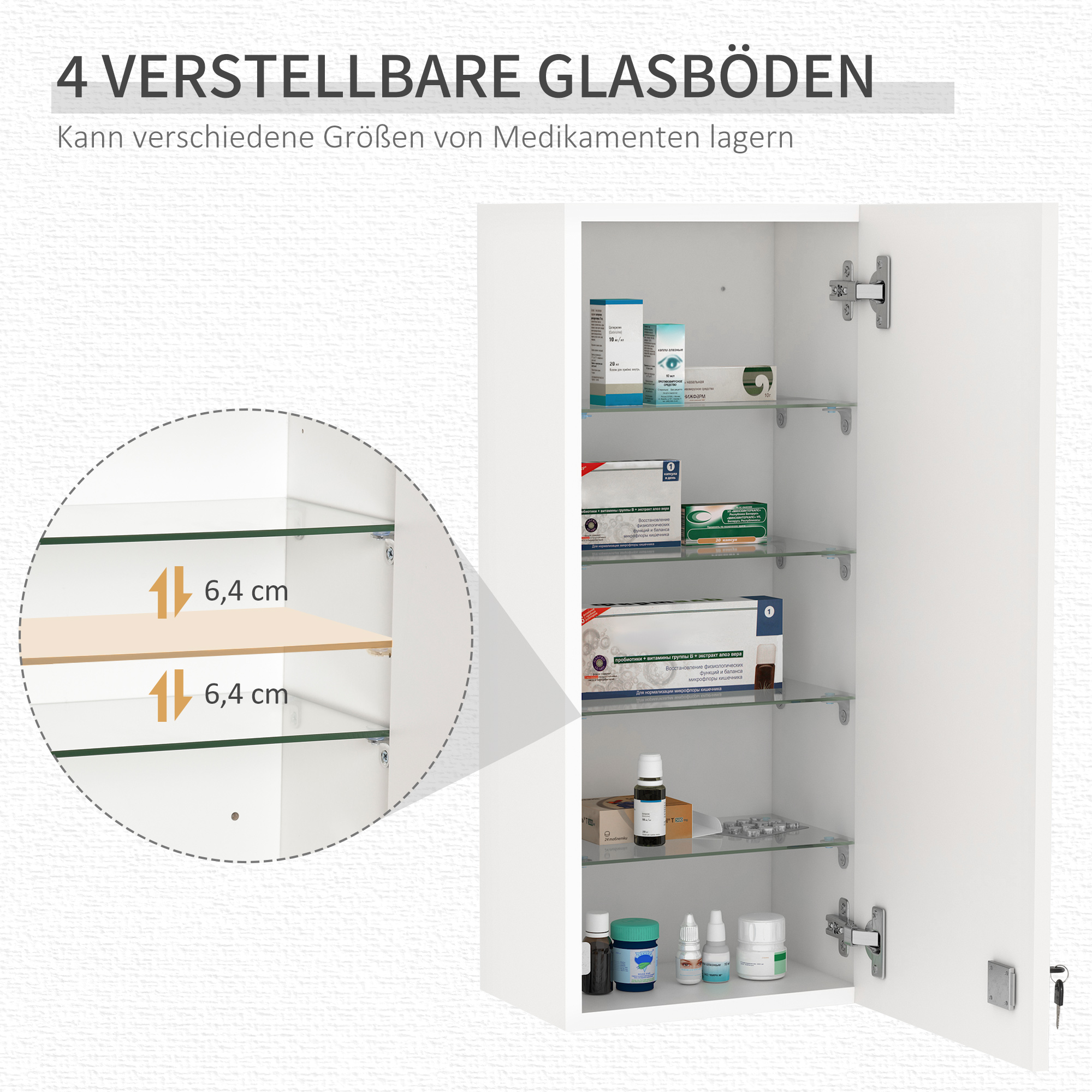 Medizinschrank Arzneischrank Wandschrank Hängeschrank mit verstellbarer Ablage Erste-Hilfe-Kreuz abschließbar für Badezimmer Küche Flur Weiß 30x20x70 cm