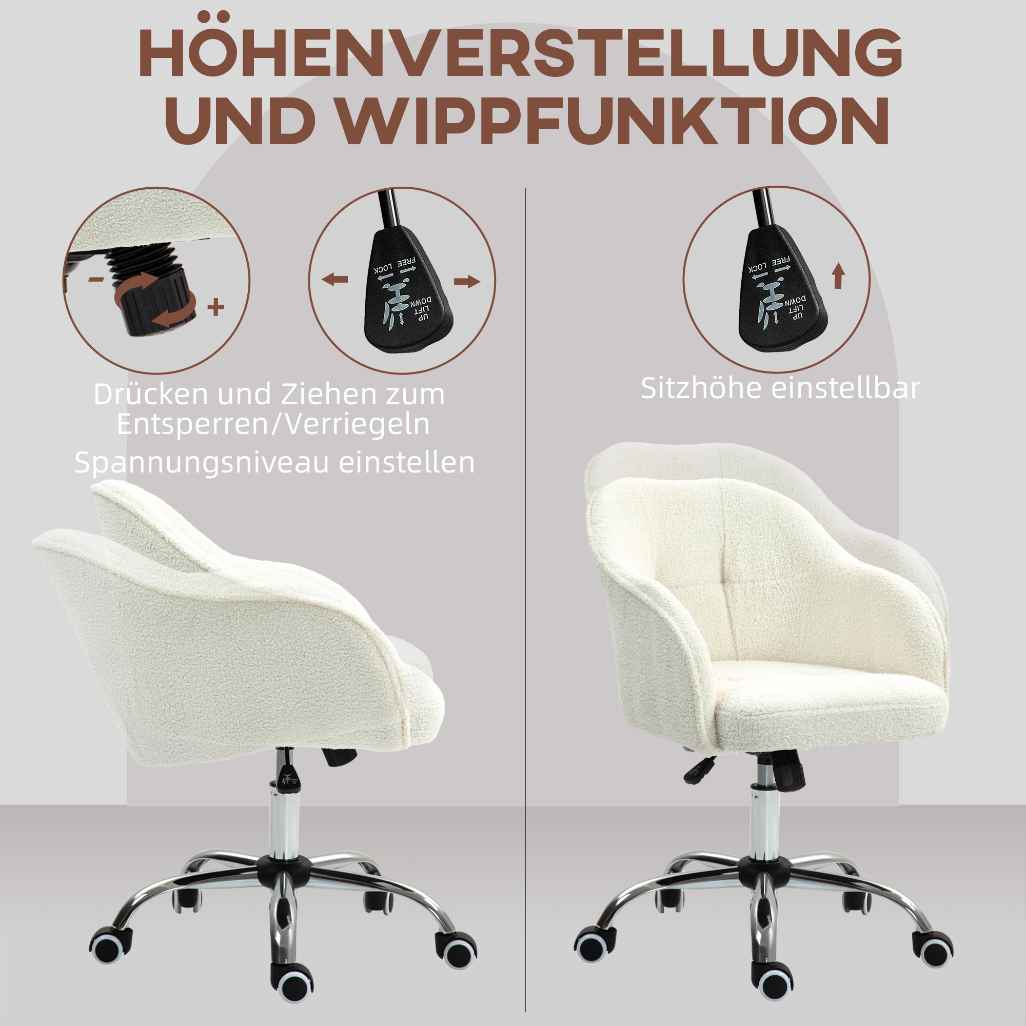 Homeoffice Stuhl, Ergonomisch Schreibtischstuhl mit Wippfunktion, Teddysamtoptik 56 x 61 x 86 cm Cremeweiß