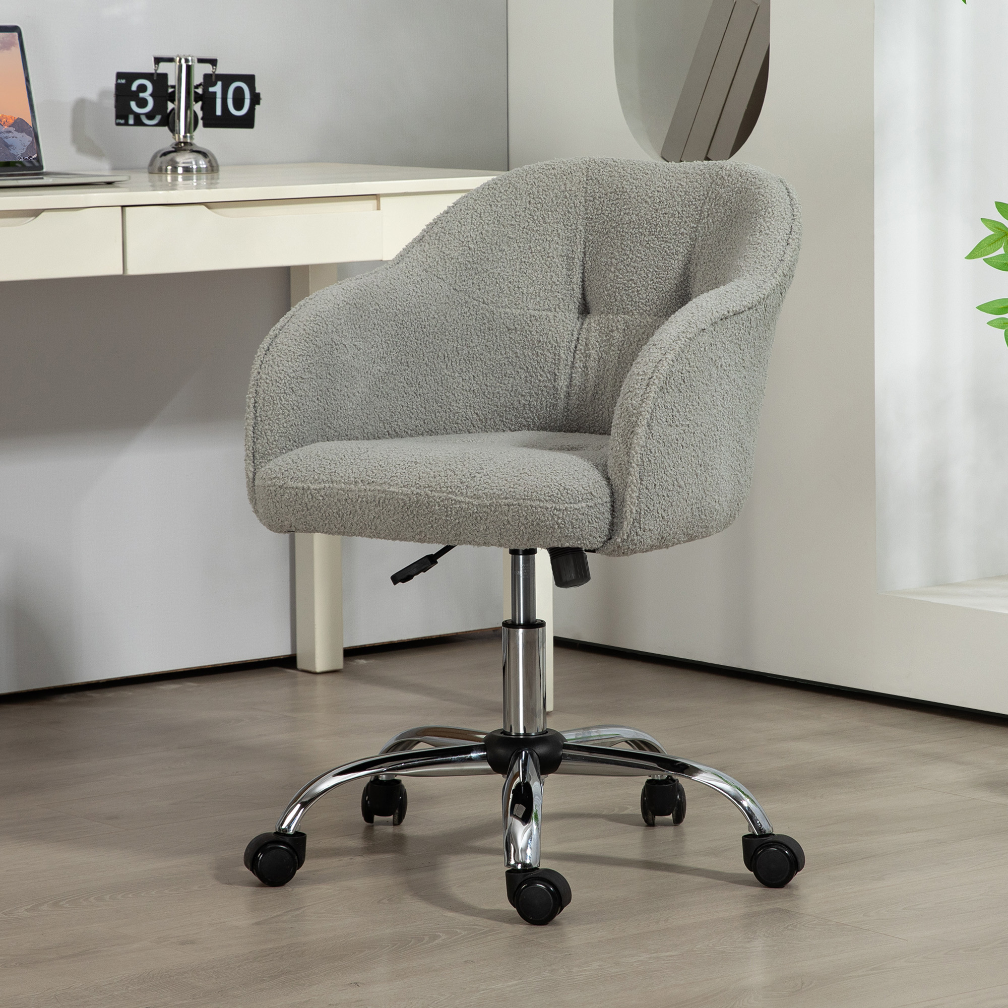 Homeoffice Stuhl, Ergonomisch Schreibtischstuhl mit Wippfunktion, Teddysamtoptik 56 x 61 x 86 cm Grau